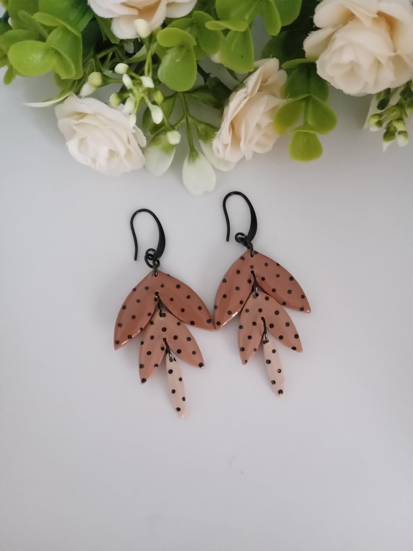 Polka Dot Leaf Dangle Earrings - Handmade Polymer Clay Jewelry