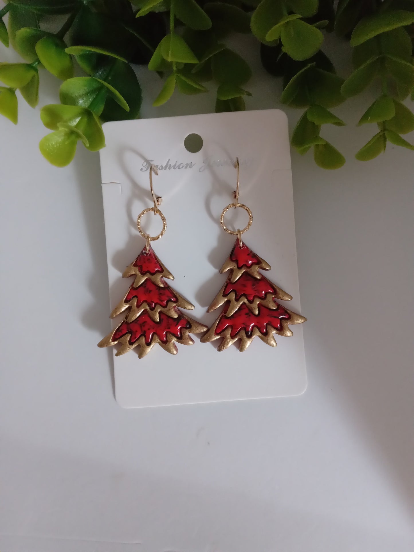 Bold Christmas Tree Earrings with Gold Foil- Handmade Holiday Jewelry for Women