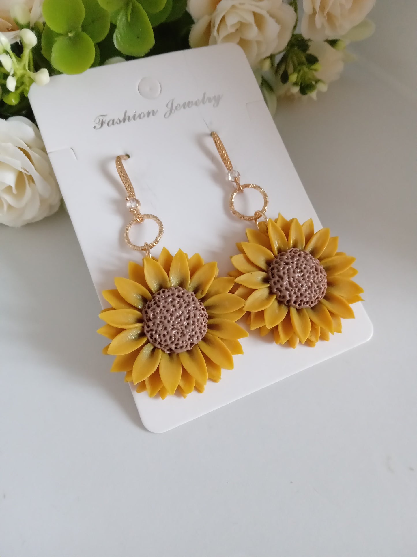 Sunflower Dangle Earrings - Handmade Yellow Clay Flower Jewelry