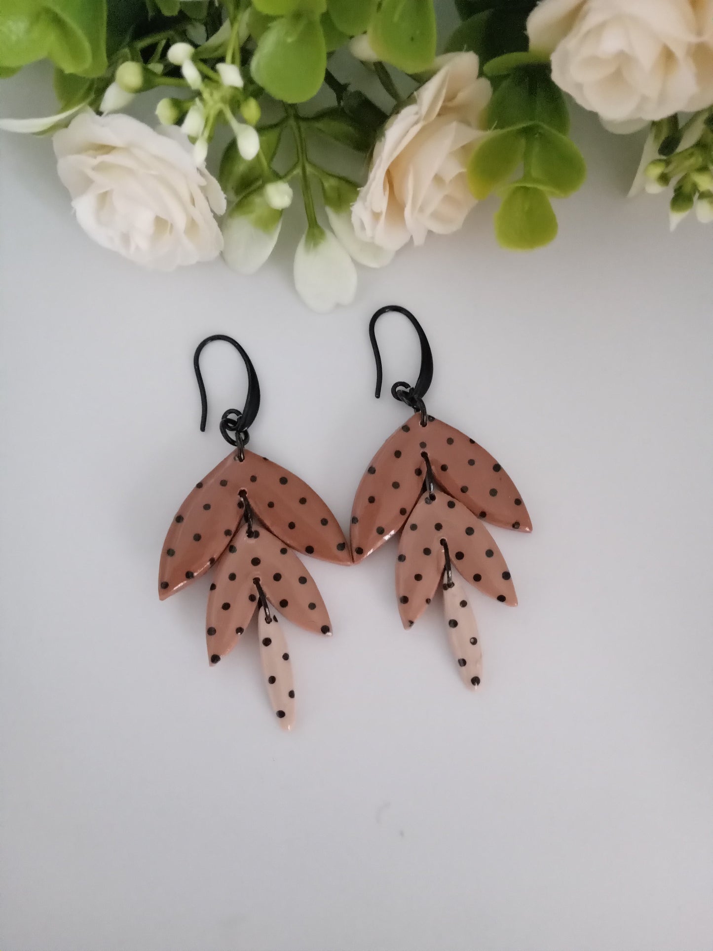 Polka Dot Leaf Dangle Earrings - Handmade Polymer Clay Jewelry