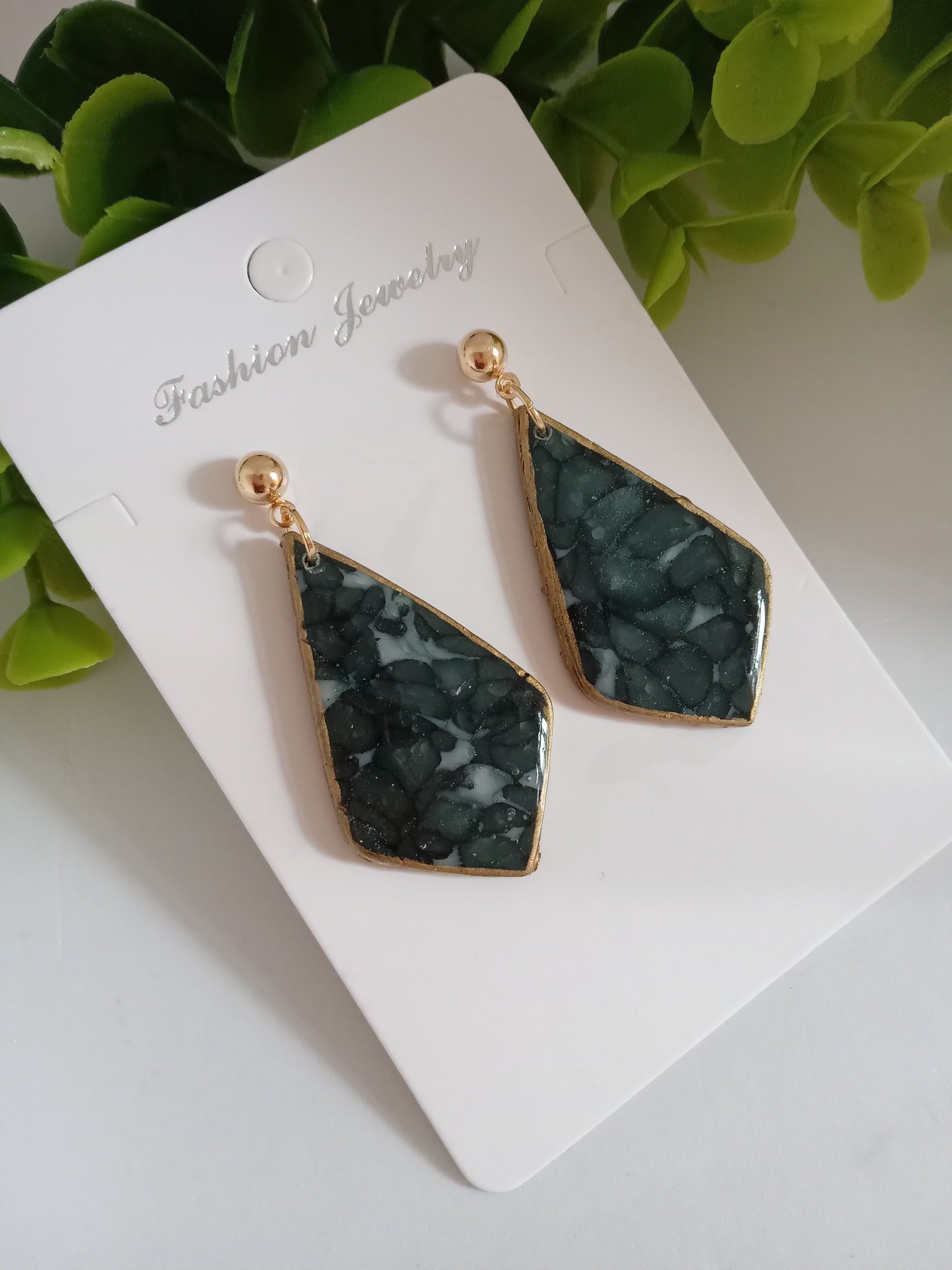 Handmade Dark Green Stone Diamond Drops Earrings - Lightweight Statement Earrings