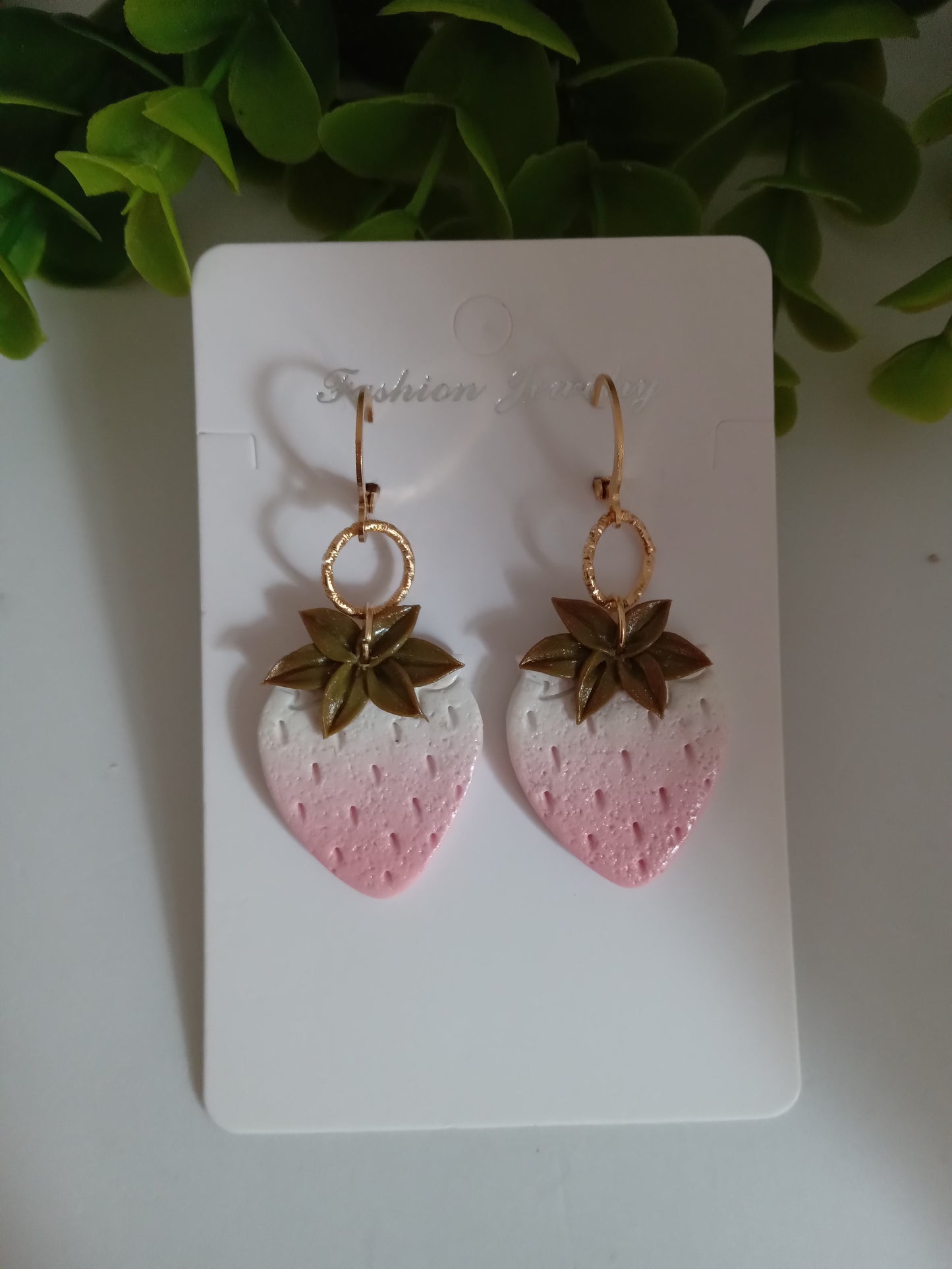 Handmade Dangle Strawberry Earrings - Pink White Polymer Clay Fruit Jewelry for Women