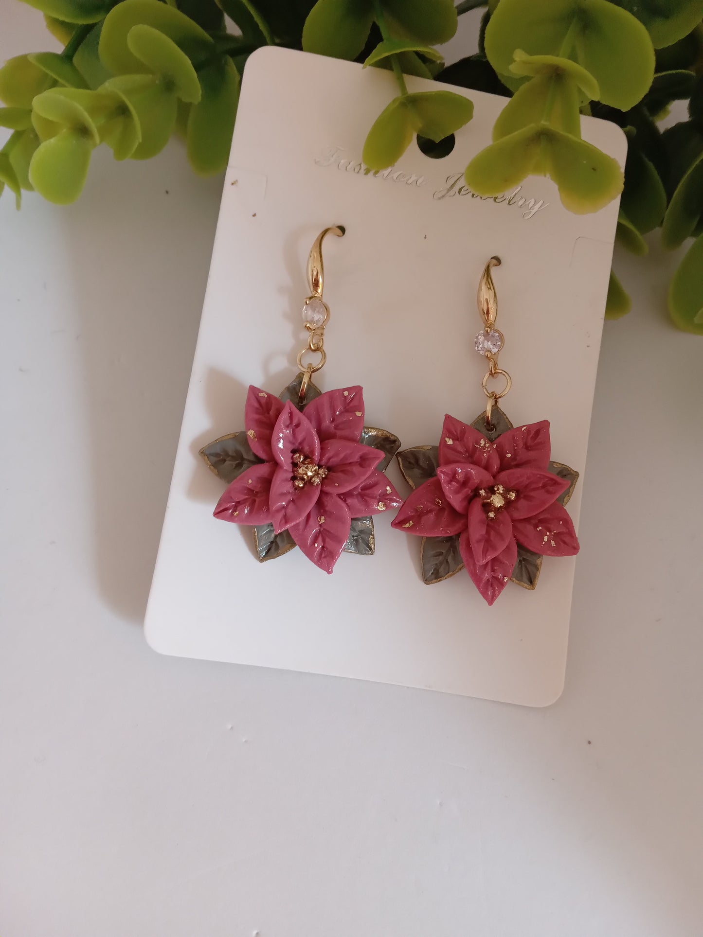 Christmas pink Poinsettia Flower Earrings – Handmade Holiday Dangle Earrings, Festive Floral Jewelry Gift for Women