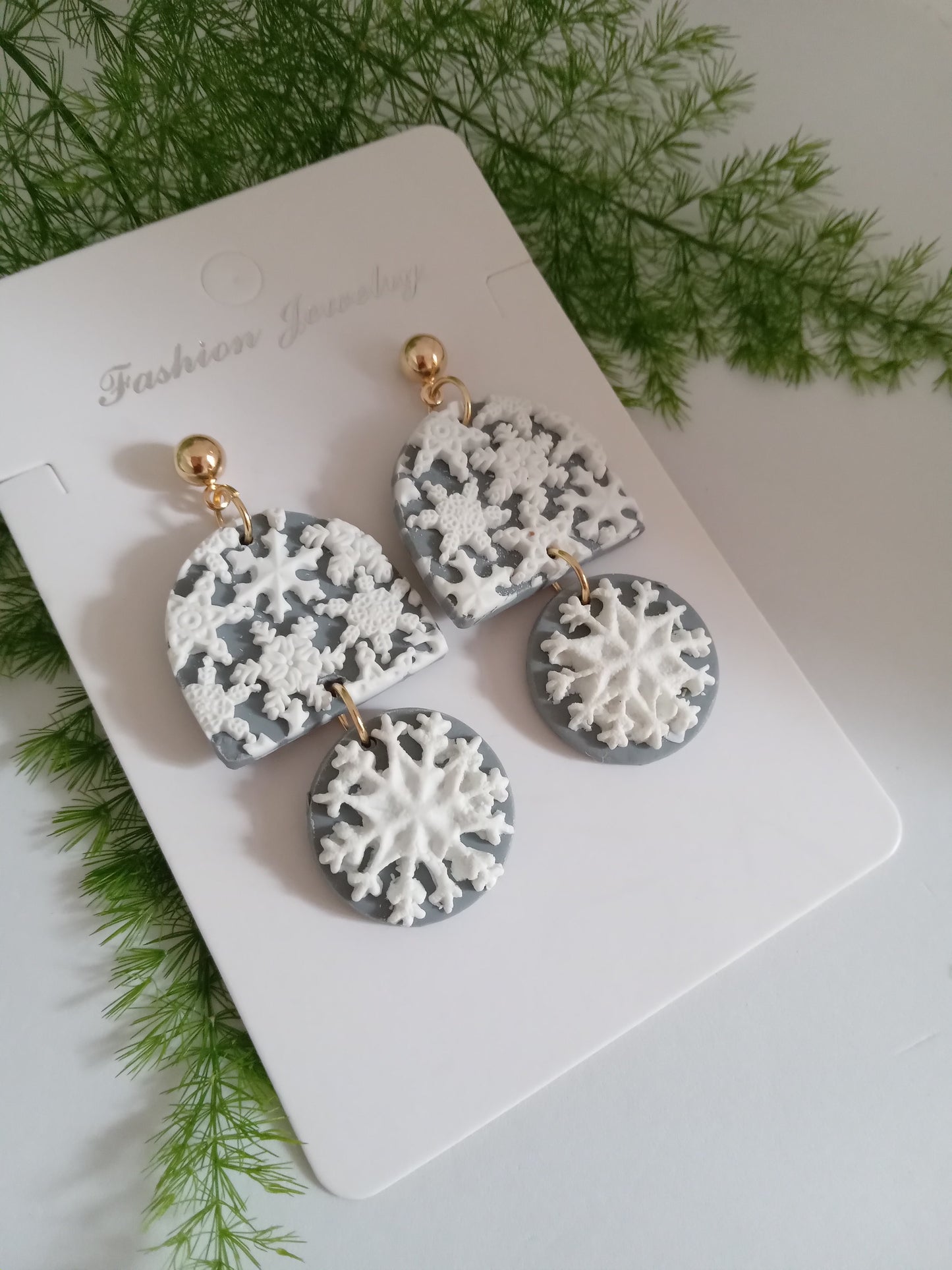 Snowflake Earrings - Winter Polymer Clay Drop Earrings/Handmade Holiday Jewelry