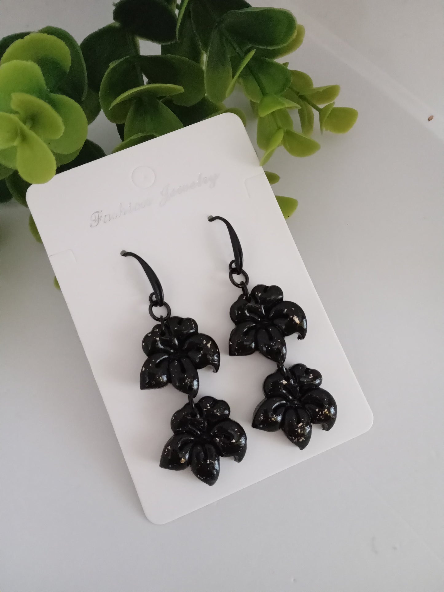 Black Handmade Floral Dangle Earrings – Unique Polymer Clay Flower Earrings Black Friday sale