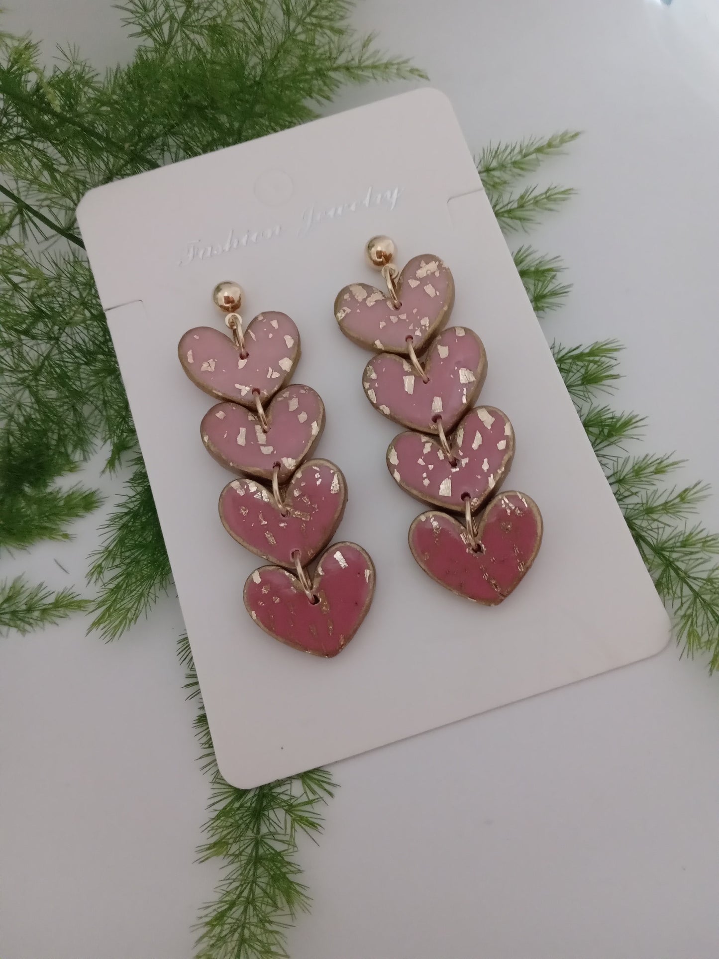 Handmade Pink Heart Drop Earrings with Gold Leaf- Romantic Statement Jewelry for Women