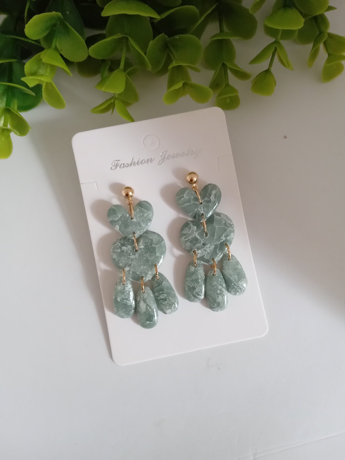Green Marble Heart Dangle Earrings - Lightweight Clay Statement Jewelry