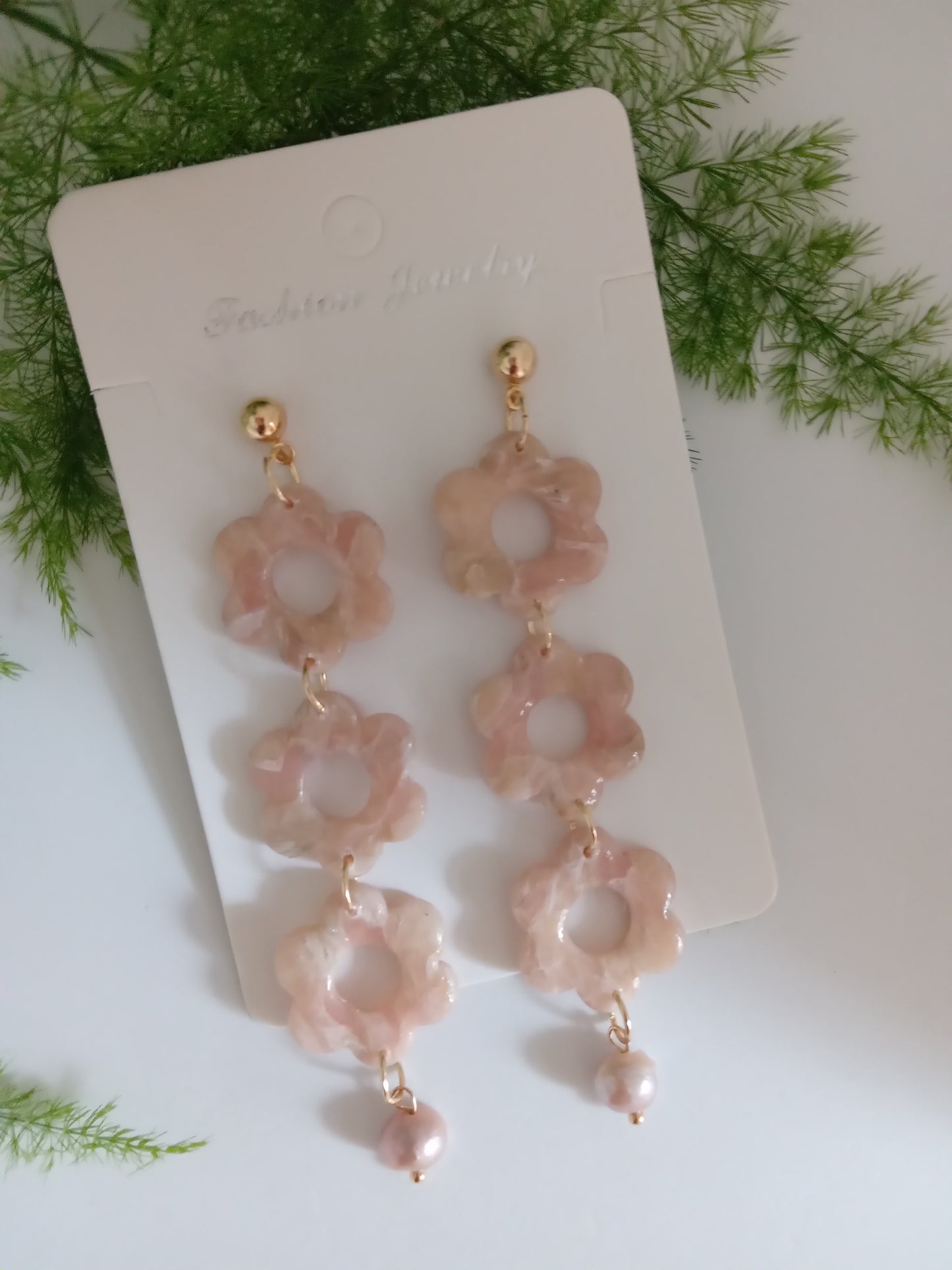 Handmade Pink Flower Earrings with Fresh Water Pearl - Lightweight Floral Dangle Jewelry for Women