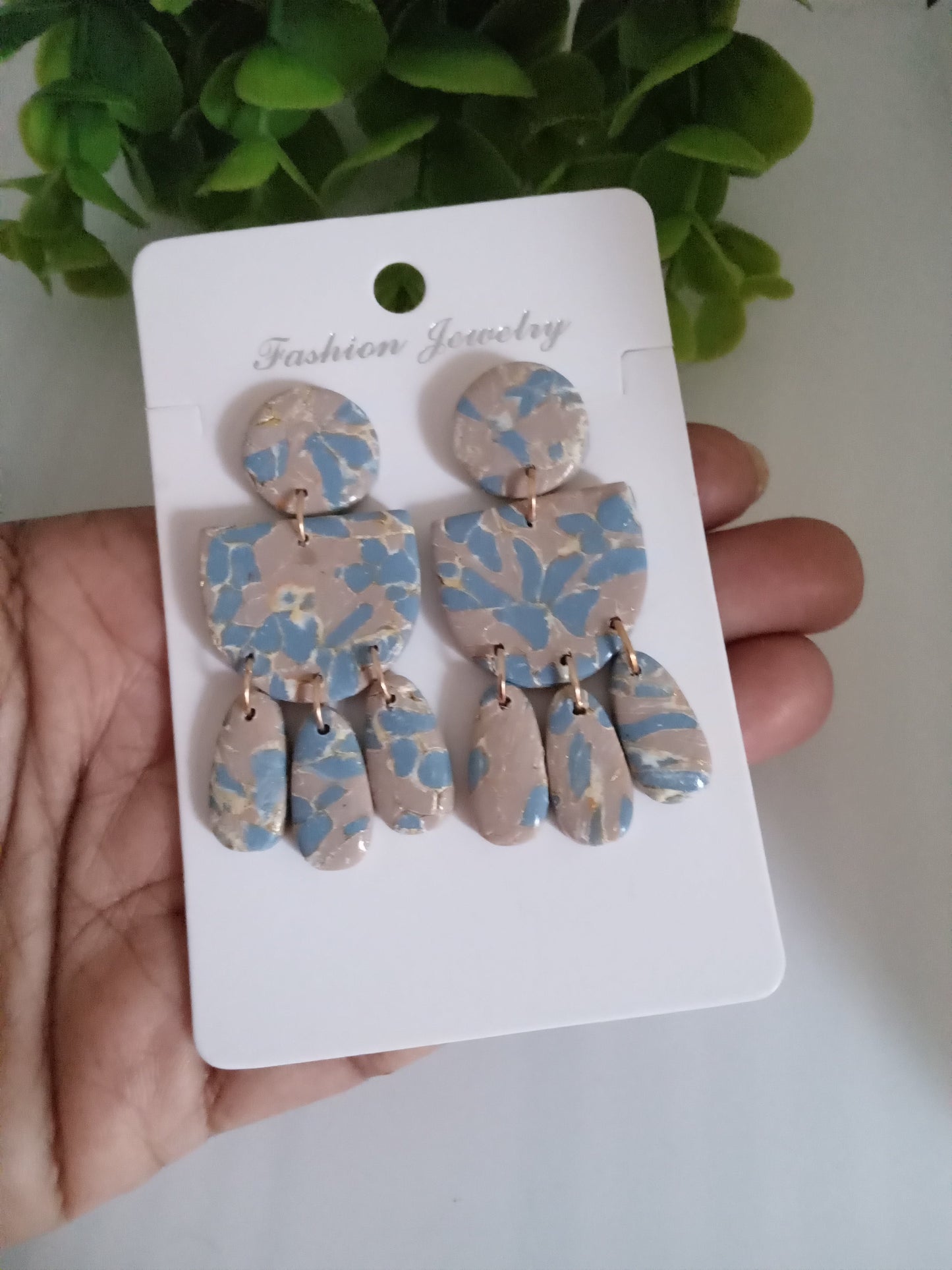 Handmade Terrazzo Polymer Clay Earrings – Blue & Beige Statement Dangles | Lightweight Boho Earrings for Women | Unique Artisan Jewelry Gift