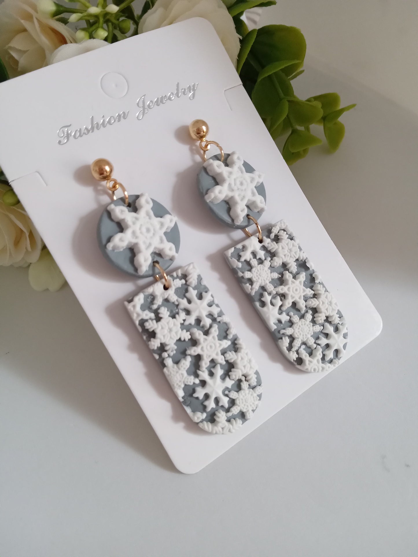 Snowflake Earrings- Winter Polymer Clay Drop Earrings/Handmade Holiday Jewelry