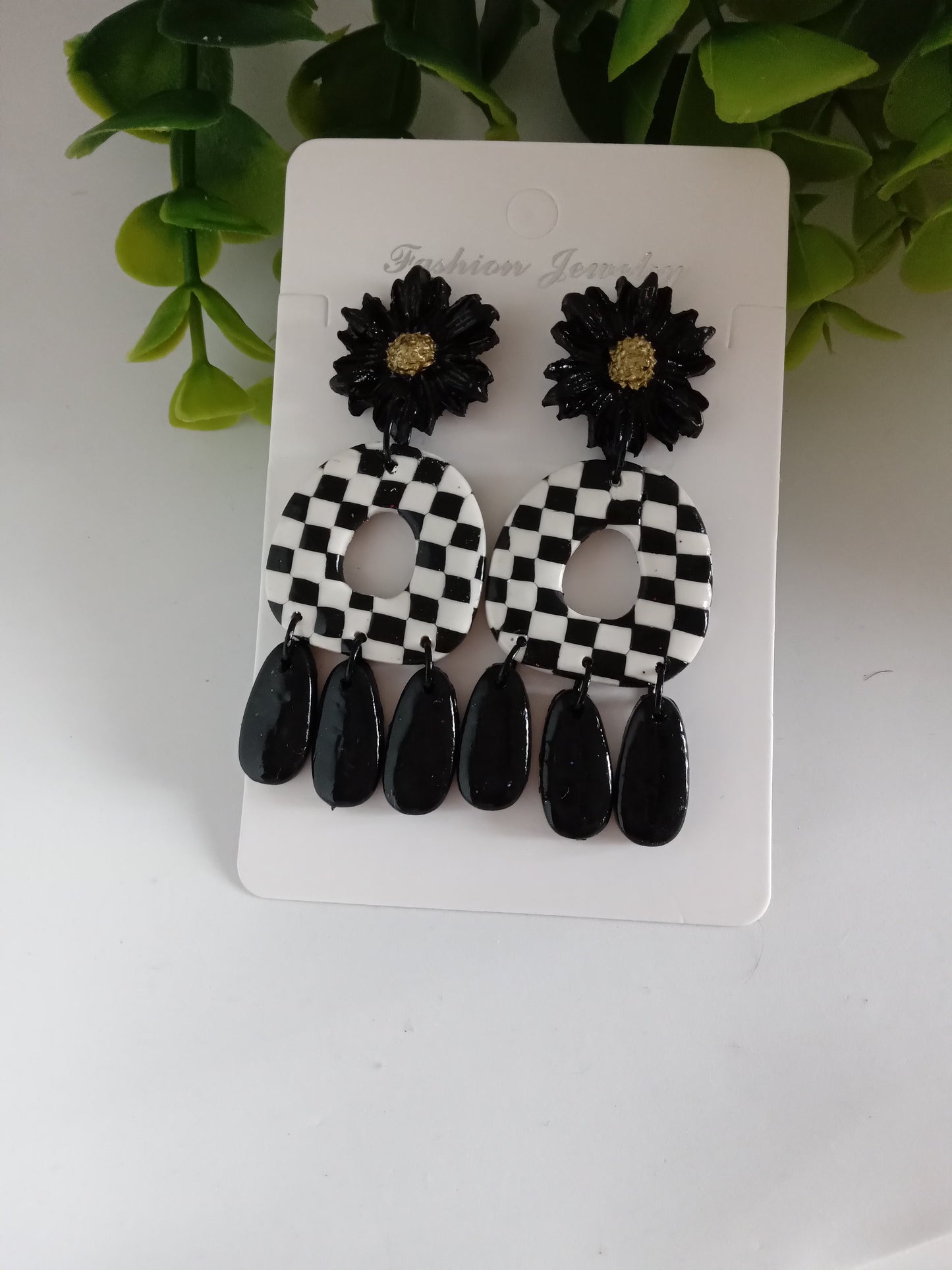 Handmade Polymer Clay Checkerboard Dangle Earrings - Trendy Boho Jewelry