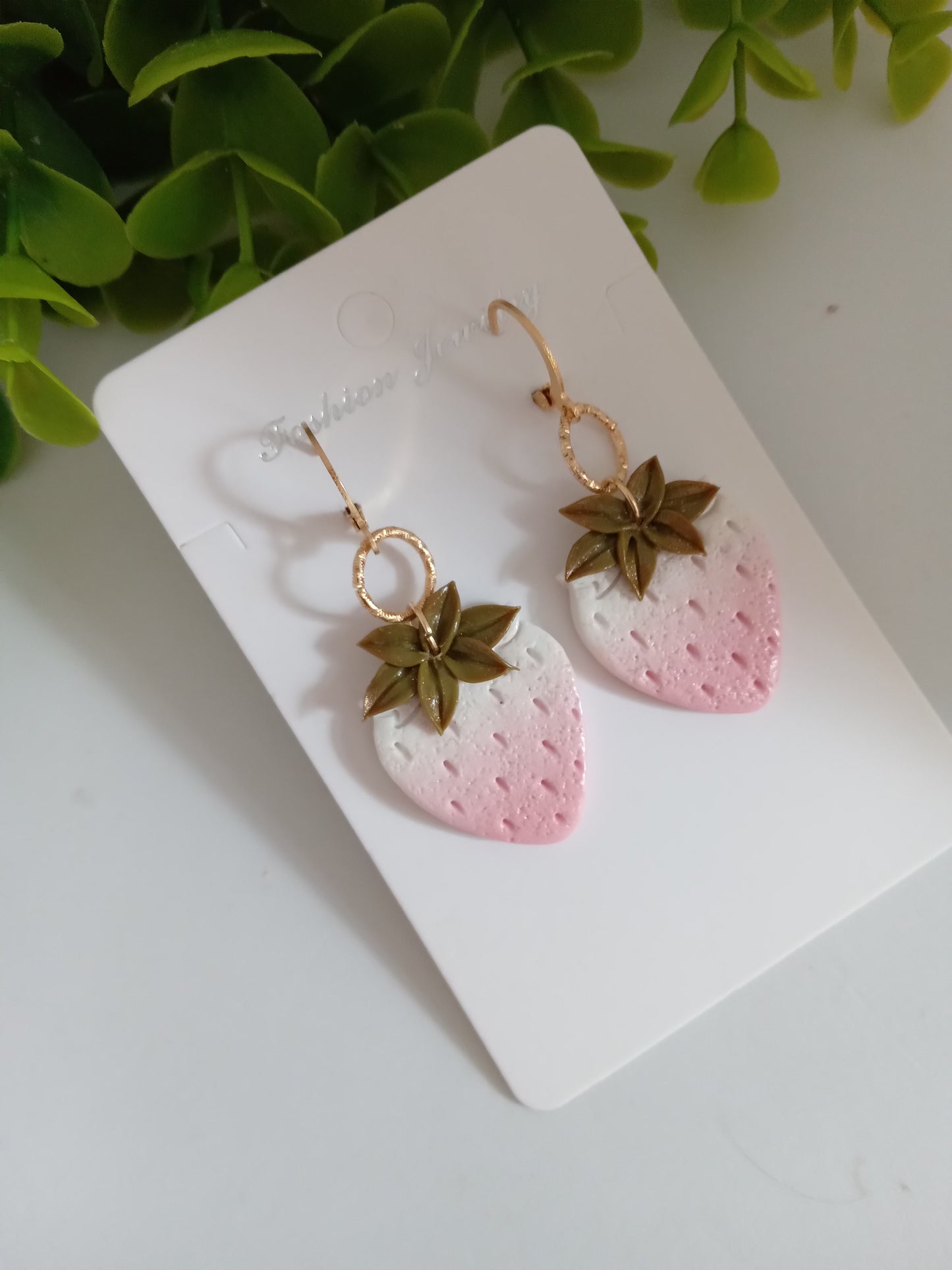 Handmade Dangle Strawberry Earrings - Pink White Polymer Clay Fruit Jewelry for Women