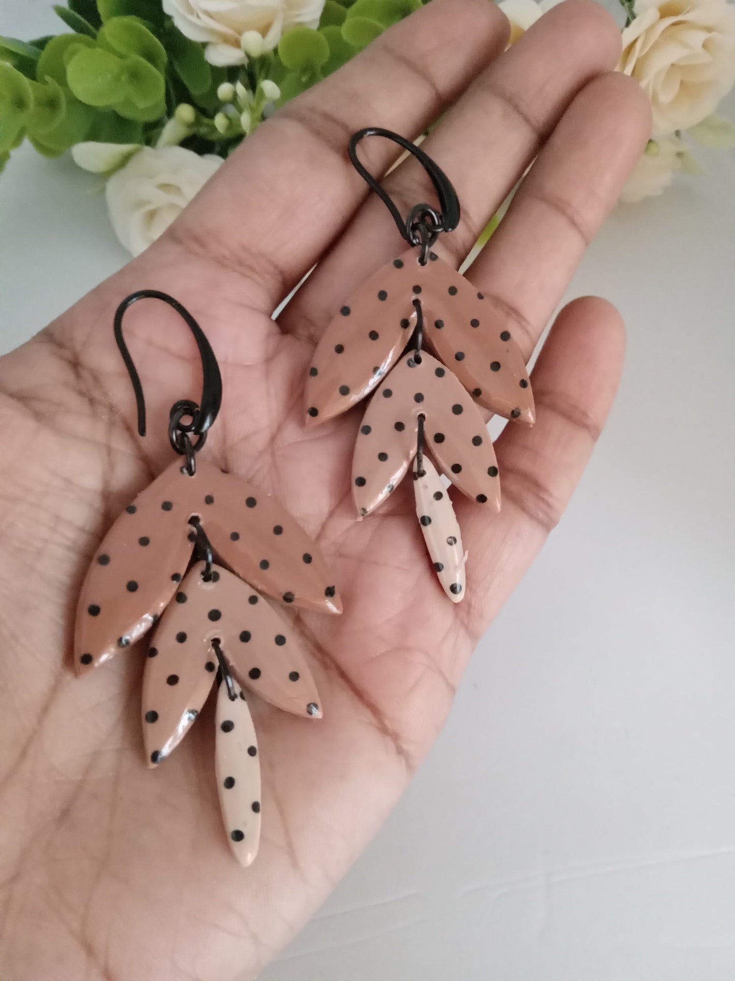 Polka Dot Leaf Dangle Earrings - Handmade Polymer Clay Jewelry
