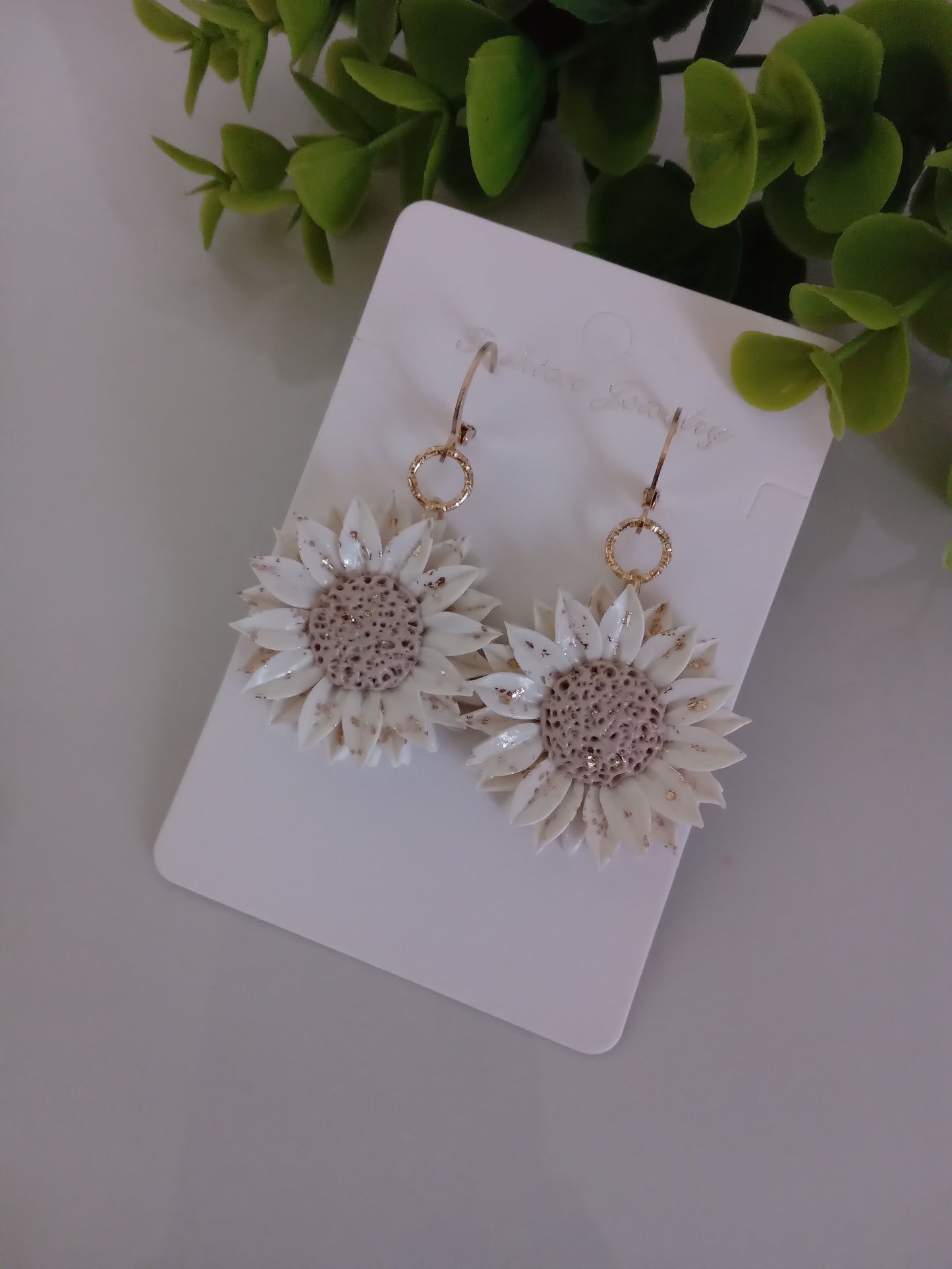 Handmade Sunflower Polymer Clay Earrings – White & Gold Foil Floral Dangle Earrings, Lightweight Statement Jewelry for Women