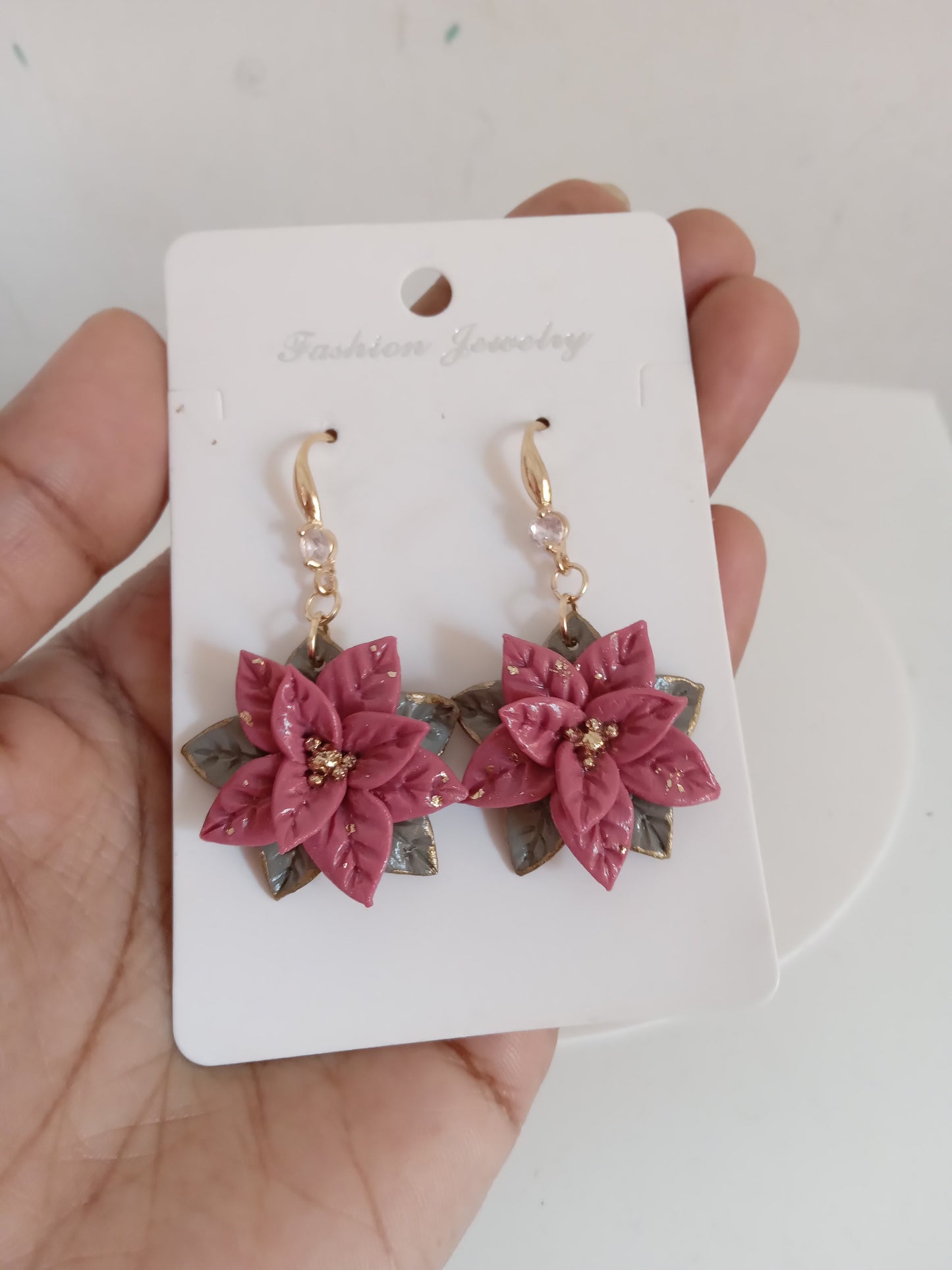 Christmas pink Poinsettia Flower Earrings – Handmade Holiday Dangle Earrings, Festive Floral Jewelry Gift for Women