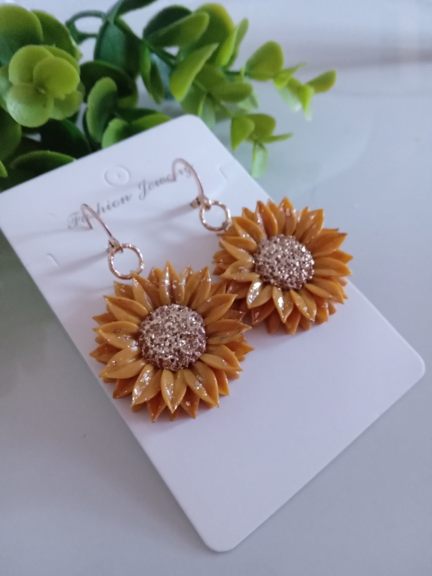Handmade Sunflower Polymer Clay Earrings – Yellow & Gold Foil Floral Dangle Earrings, Lightweight Statement Jewelry for Women