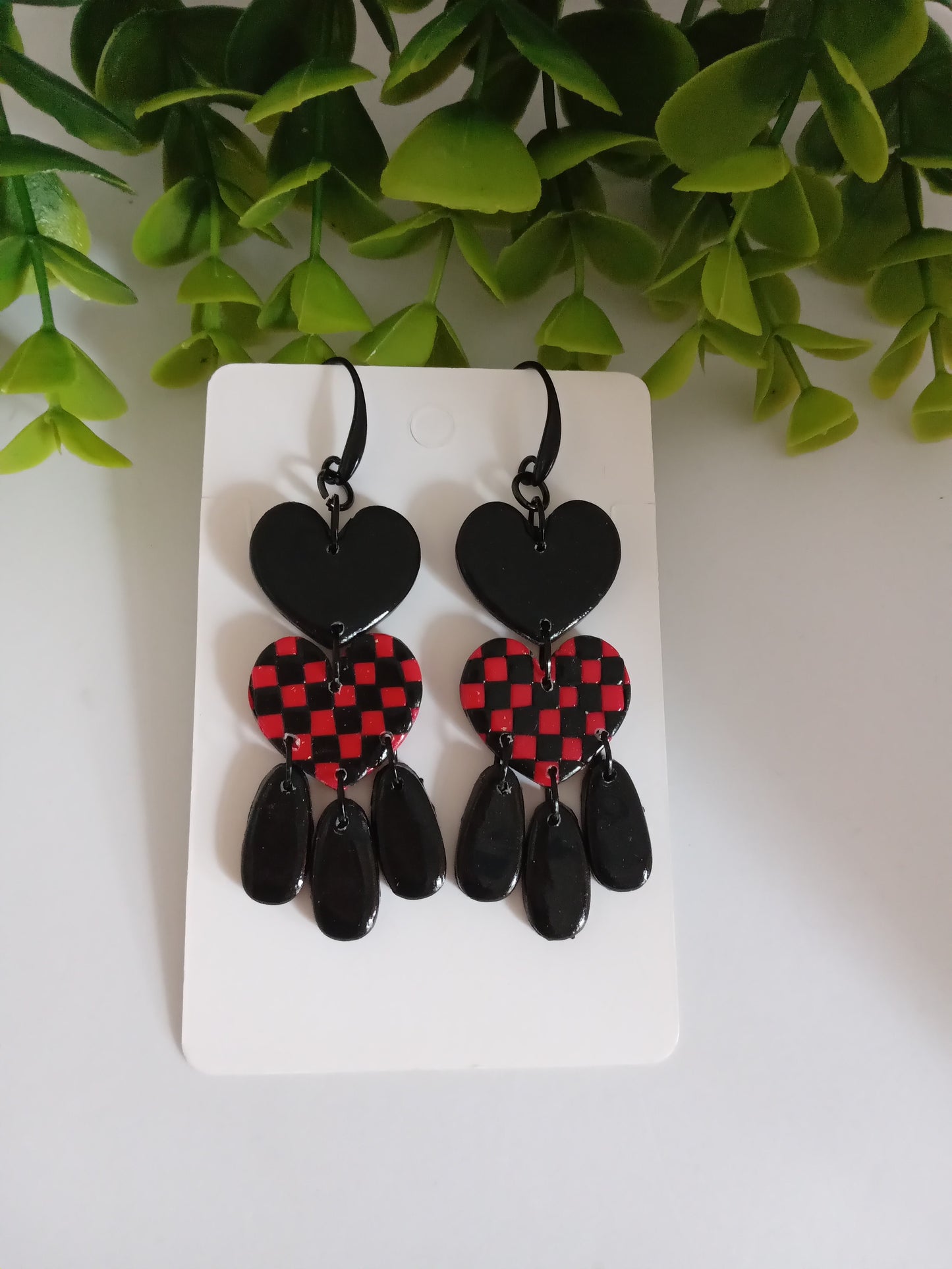 Polymer Clay Earrings Handmade - Bold Red Black Heart Statement Dangles for Her