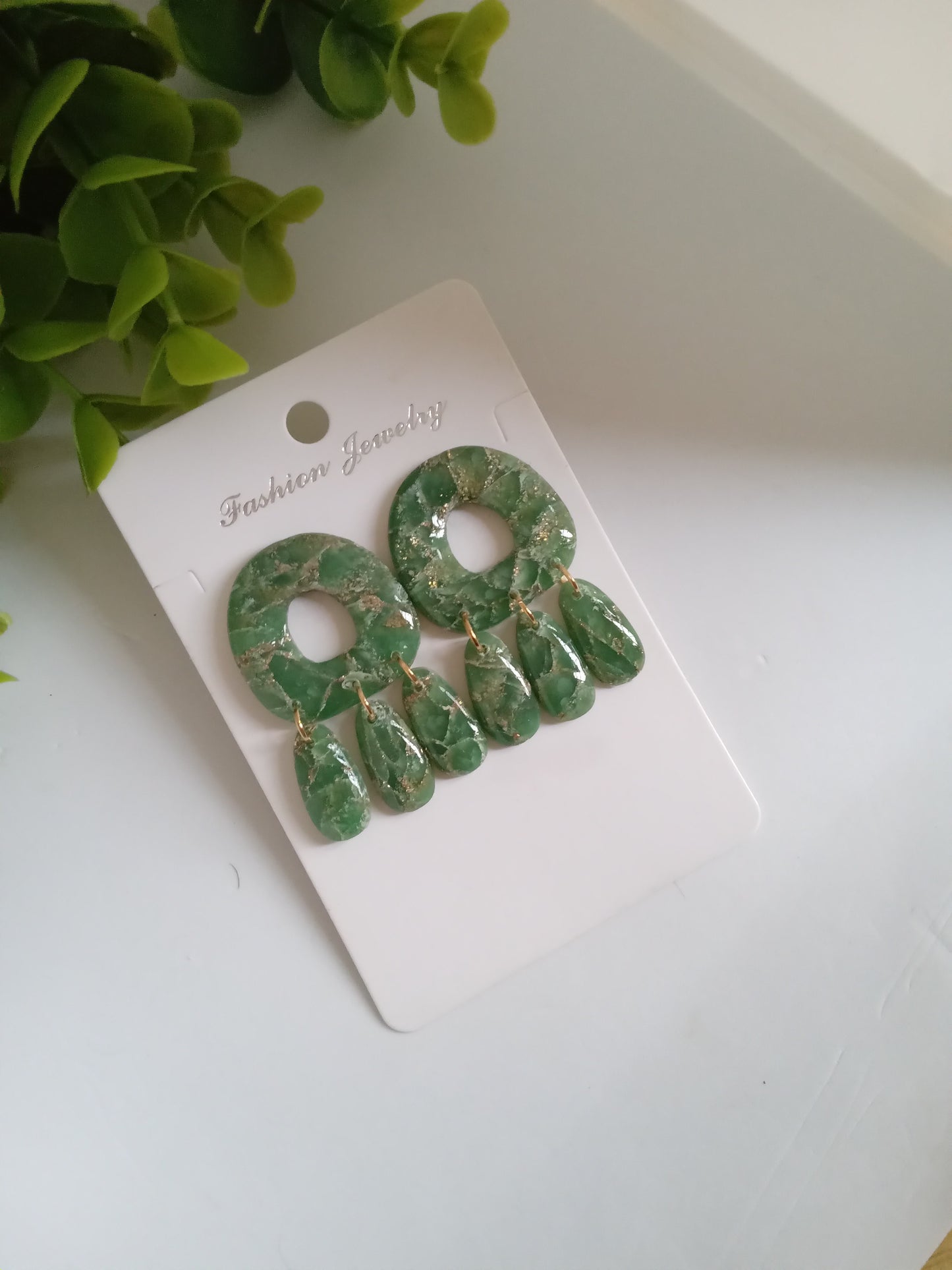 Green Marble Statement Dangle Earrings – Handmade Lightweight Drop Earrings for Women, Elegant Boho Jewelry Gift