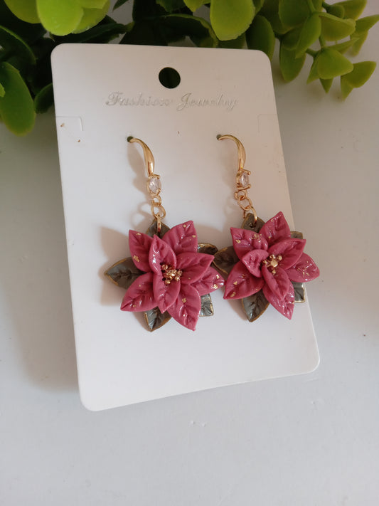 Christmas pink Poinsettia Flower Earrings – Handmade Holiday Dangle Earrings, Festive Floral Jewelry Gift for Women
