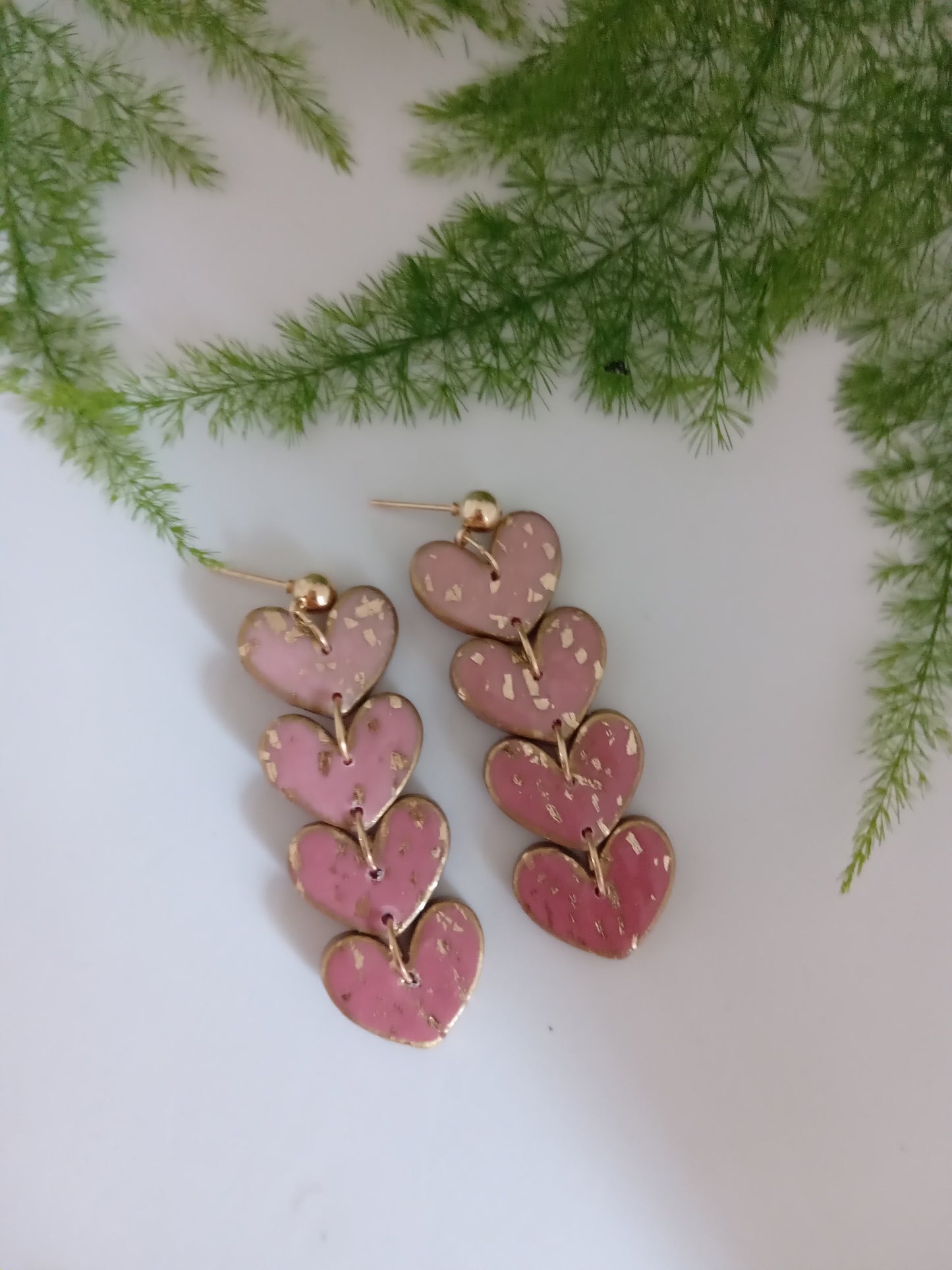 Handmade Pink Heart Drop Earrings with Gold Leaf- Romantic Statement Jewelry for Women