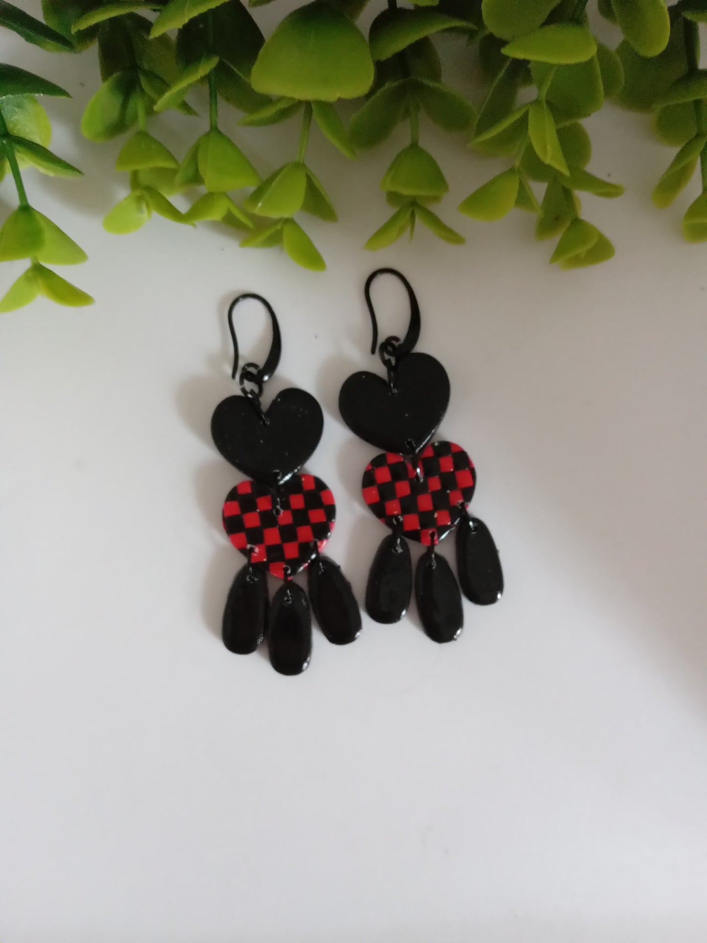 Polymer Clay Earrings Handmade - Bold Red Black Heart Statement Dangles for Her