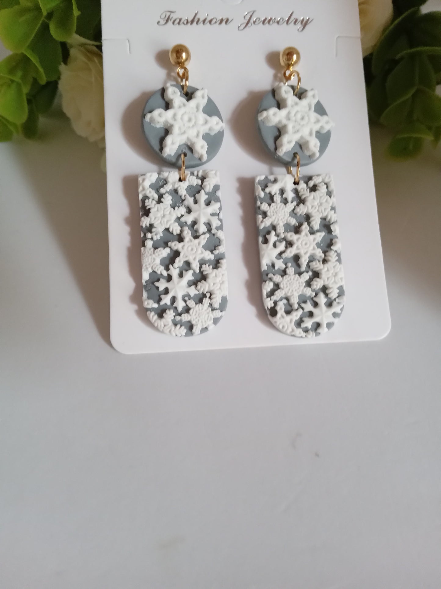 Snowflake Earrings- Winter Polymer Clay Drop Earrings/Handmade Holiday Jewelry