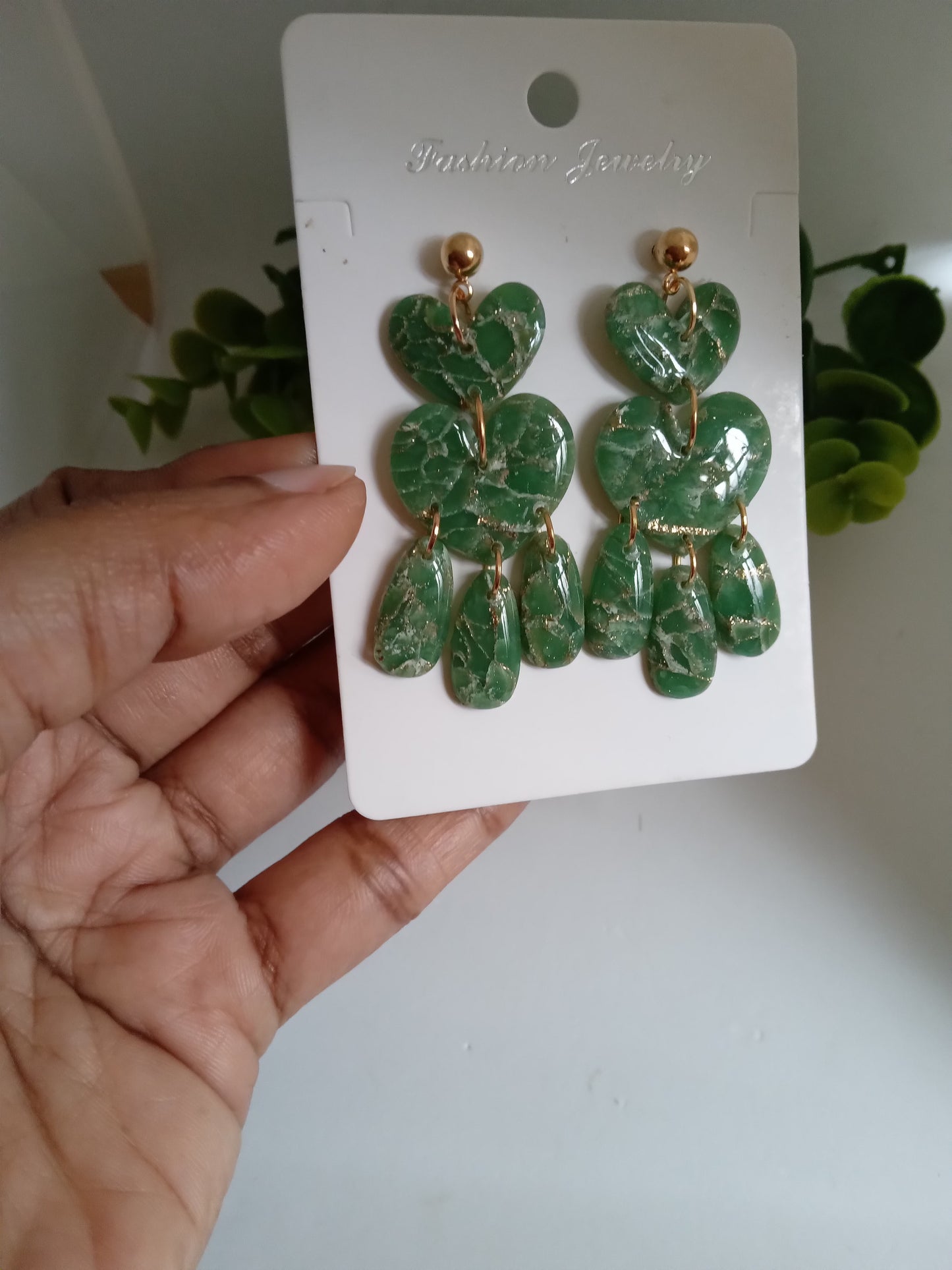 Green Marble Statement Dangle Earrings – Handmade Lightweight Drop Earrings for Women, Elegant Boho Jewelry Gift