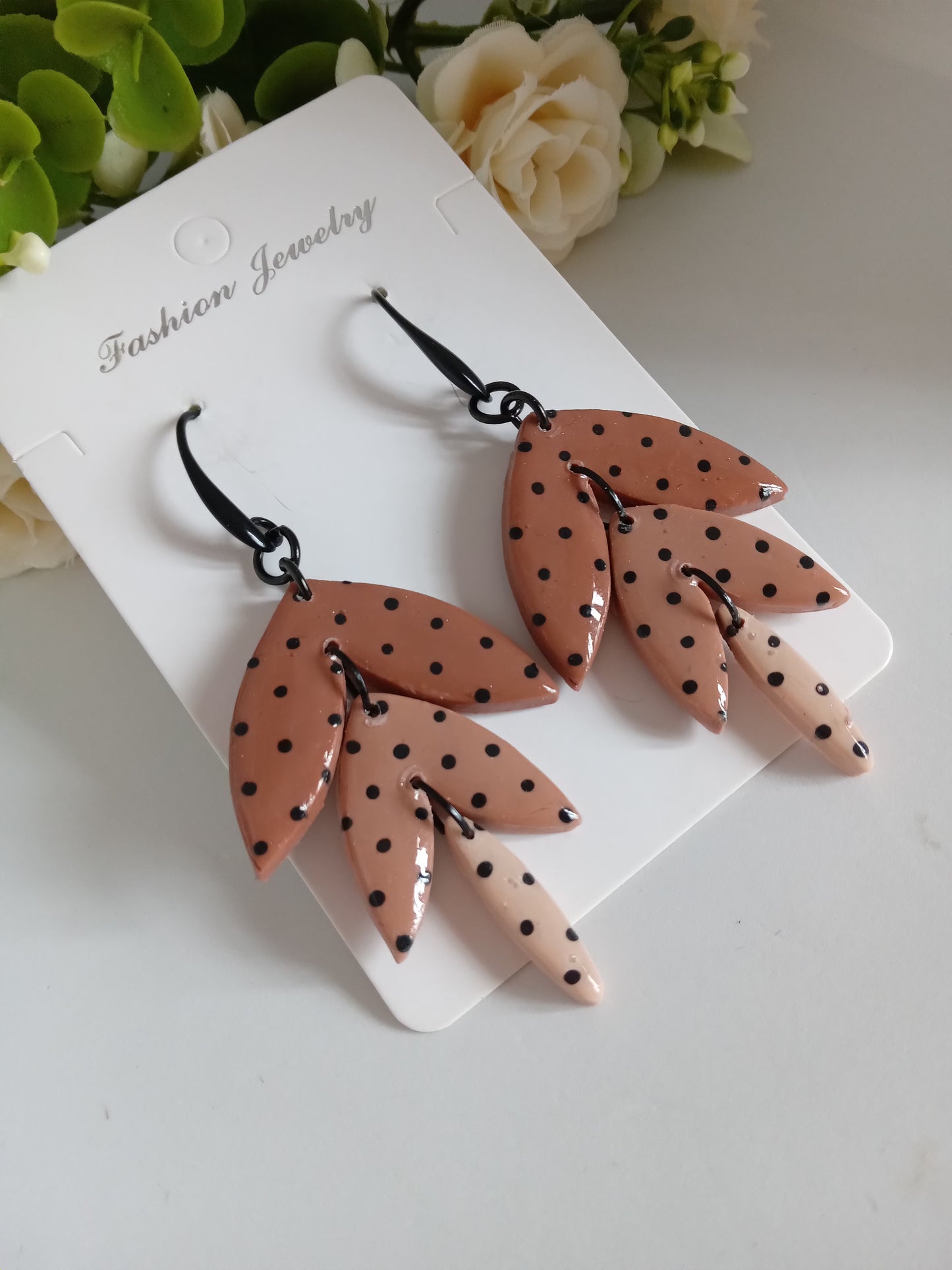 Polka Dot Leaf Dangle Earrings - Handmade Polymer Clay Jewelry