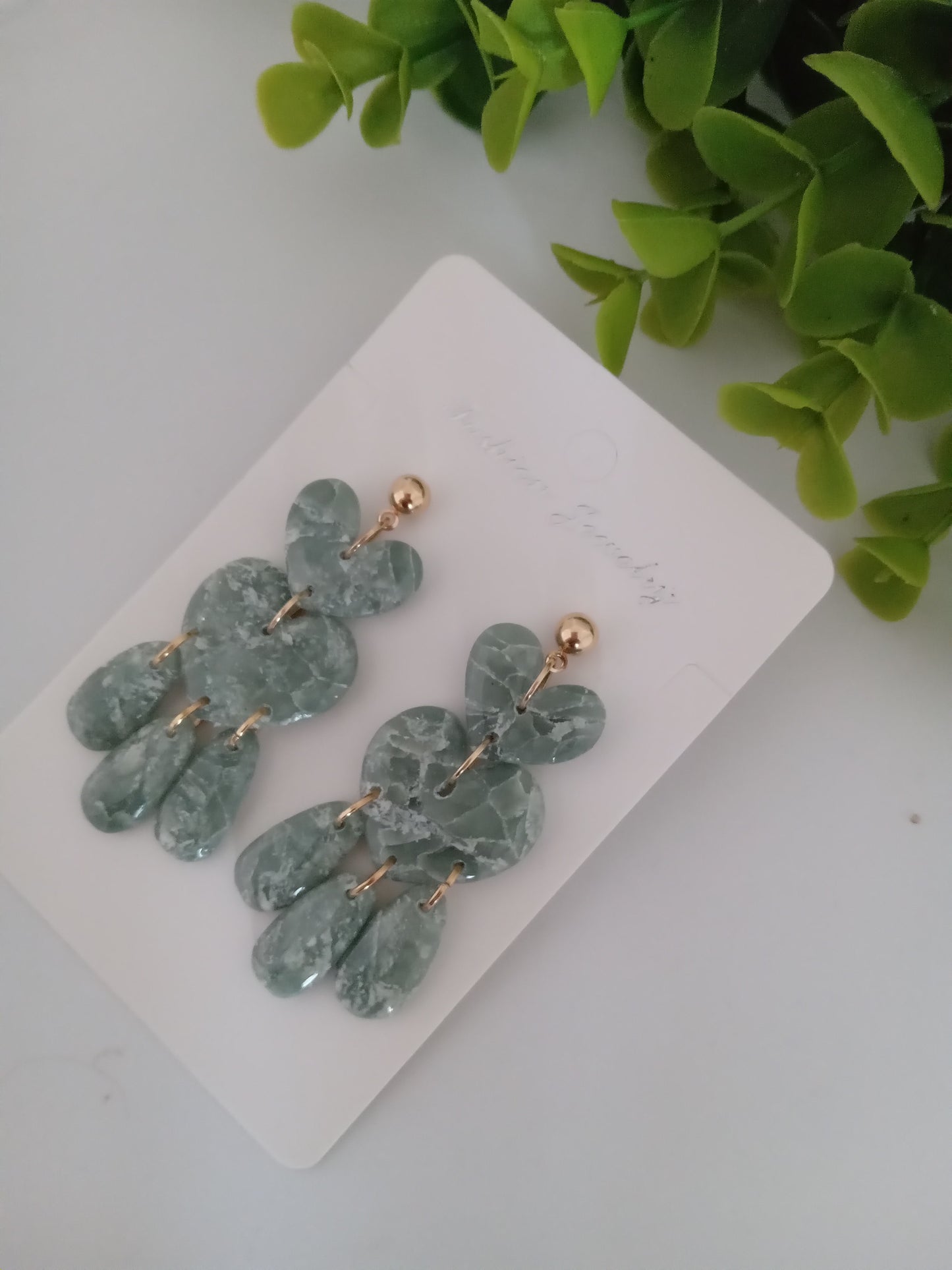 Green Marble Heart Dangle Earrings - Lightweight Clay Statement Jewelry