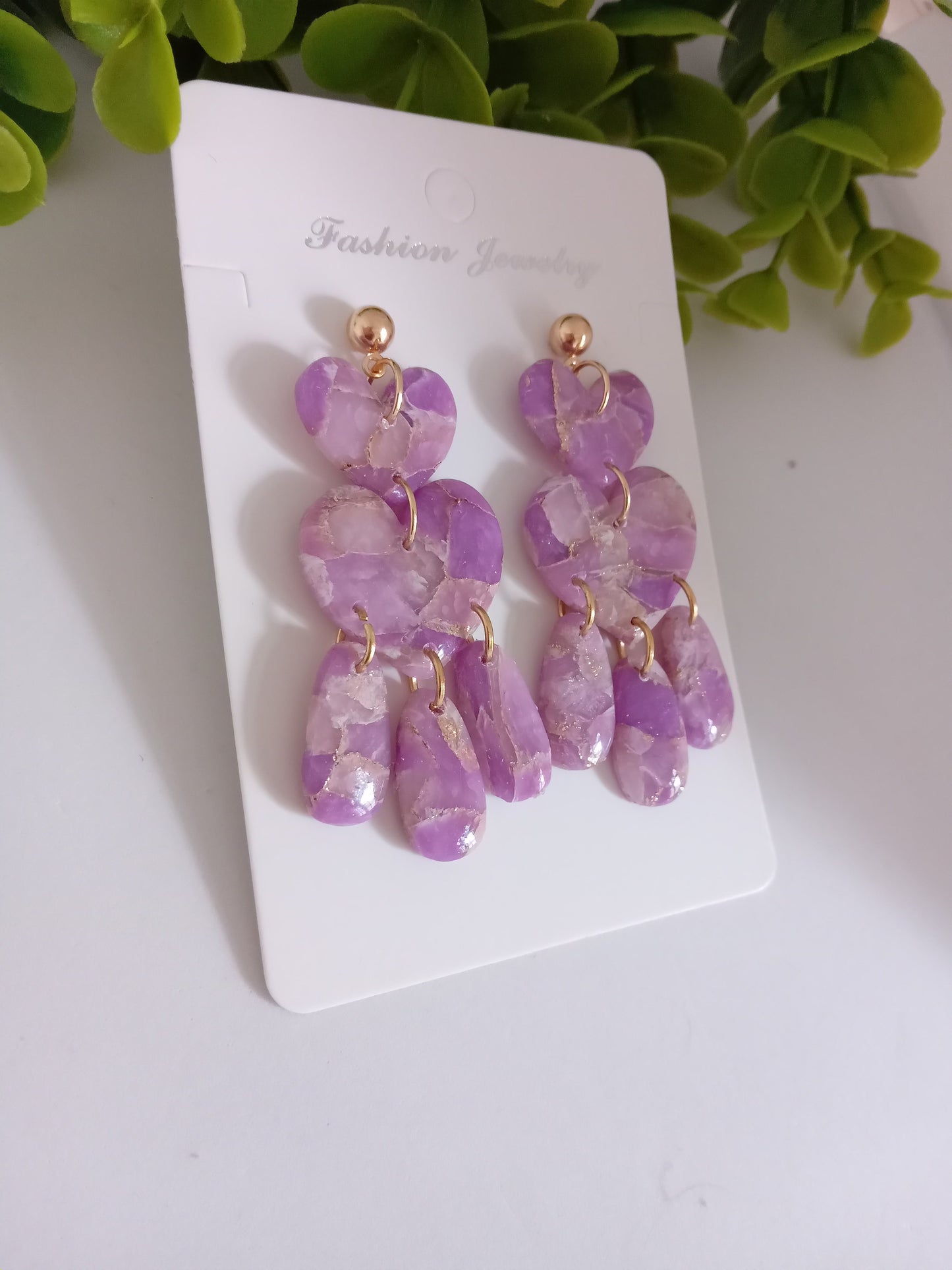 Purple Marble Heart Dangle Earrings - Lightweight Clay Statement Jewelry