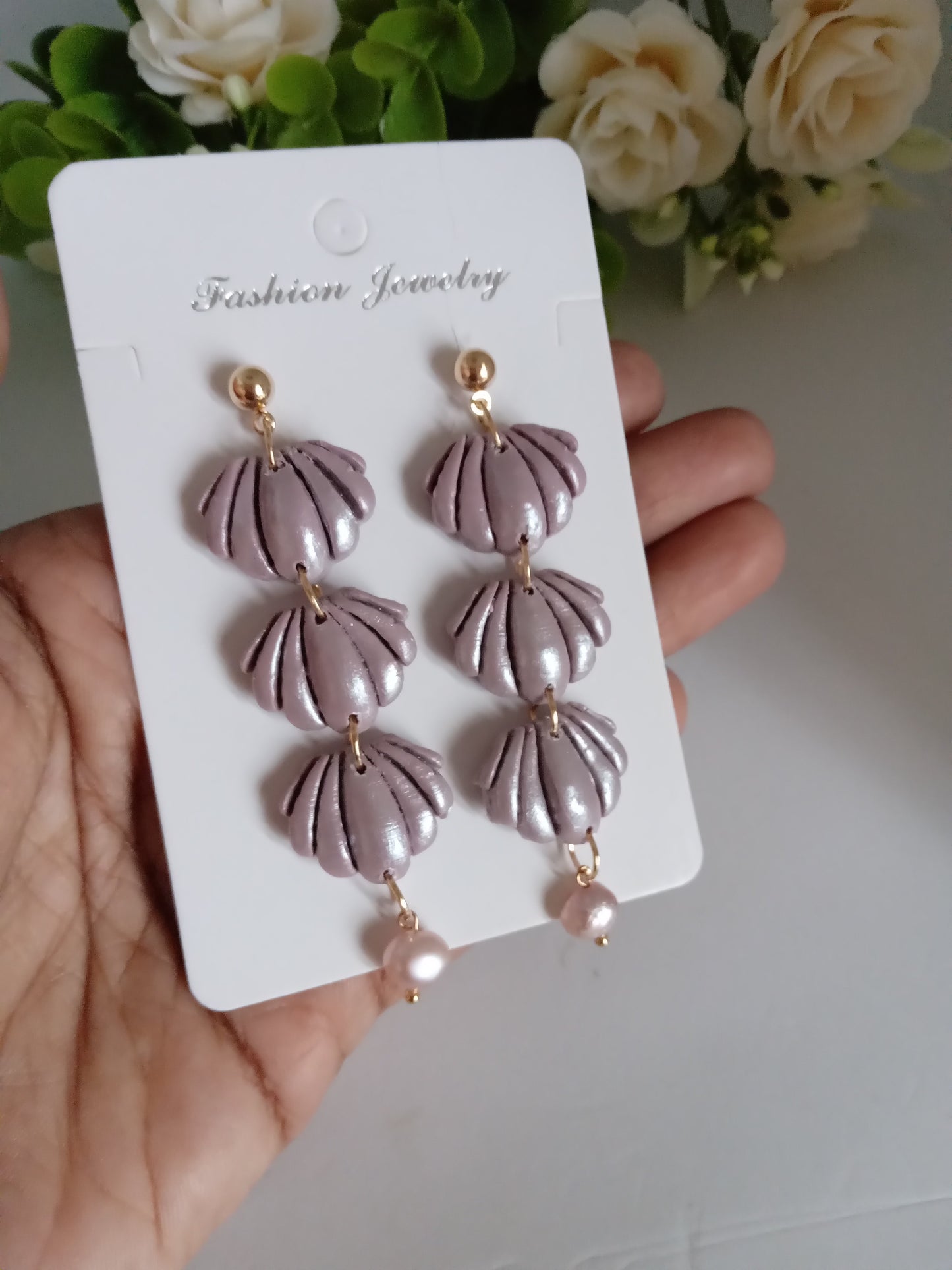 Handmade Lilac Shell Earrings - Fresh Water Pearl Statement Jewelry