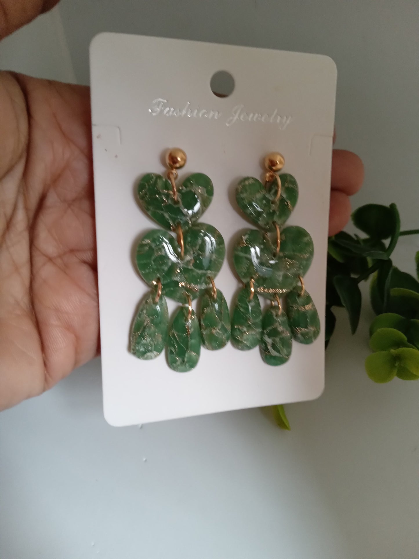Green Marble Statement Dangle Earrings – Handmade Lightweight Drop Earrings for Women, Elegant Boho Jewelry Gift