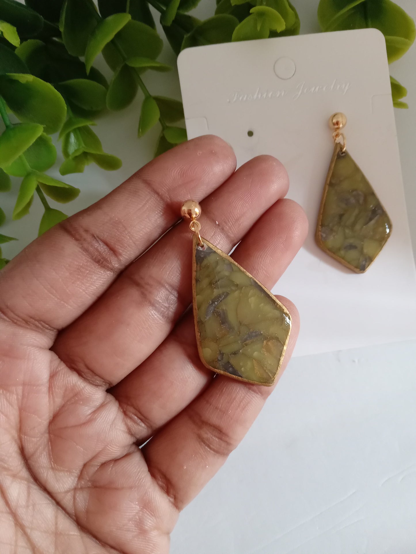 Handmade Green Marble Statement Drop Earrings – Lightweight Geometric Jewelry for Women, Elegant Everyday or Party Wear