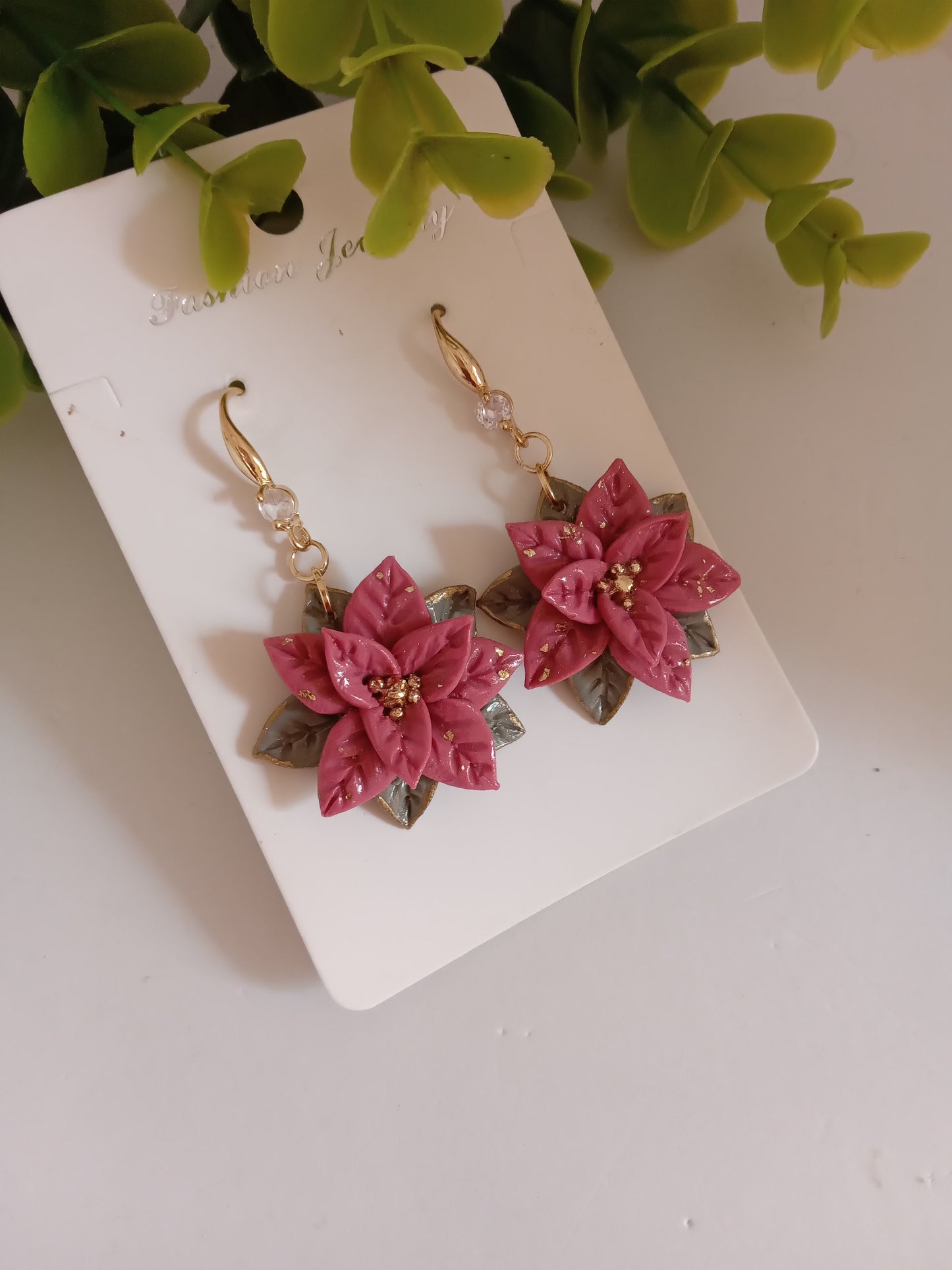 Christmas pink Poinsettia Flower Earrings – Handmade Holiday Dangle Earrings, Festive Floral Jewelry Gift for Women