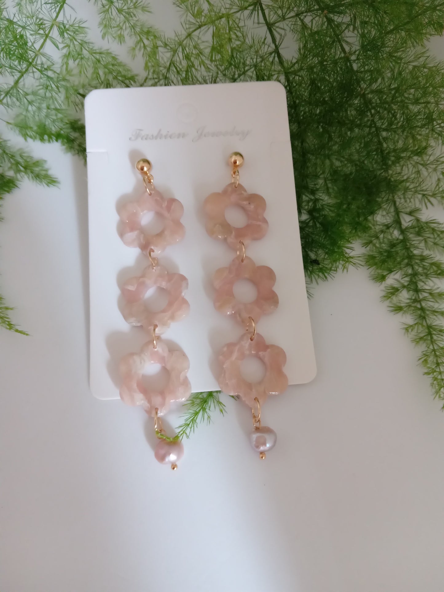 Handmade Pink Flower Earrings with Fresh Water Pearl - Lightweight Floral Dangle Jewelry for Women