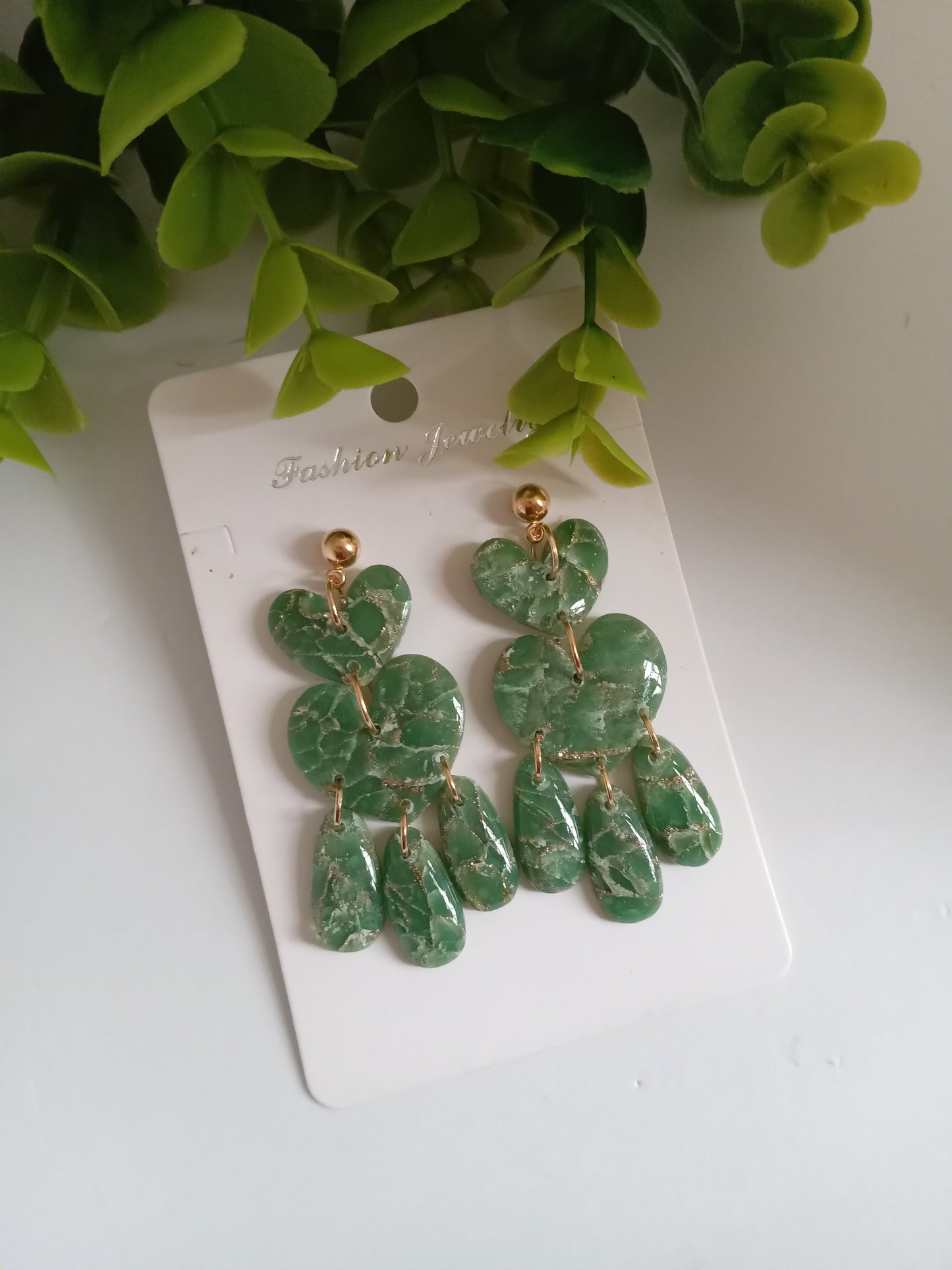 Green Marble Statement Dangle Earrings – Handmade Lightweight Drop Earrings for Women, Elegant Boho Jewelry Gift