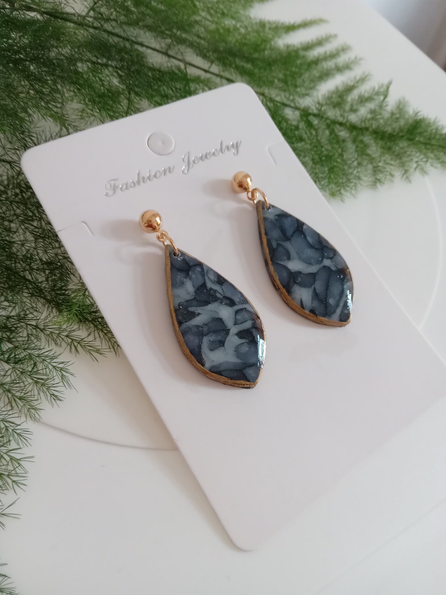 Handmade Blue Marble Resin Drop Earrings - Lightweight &Elegant