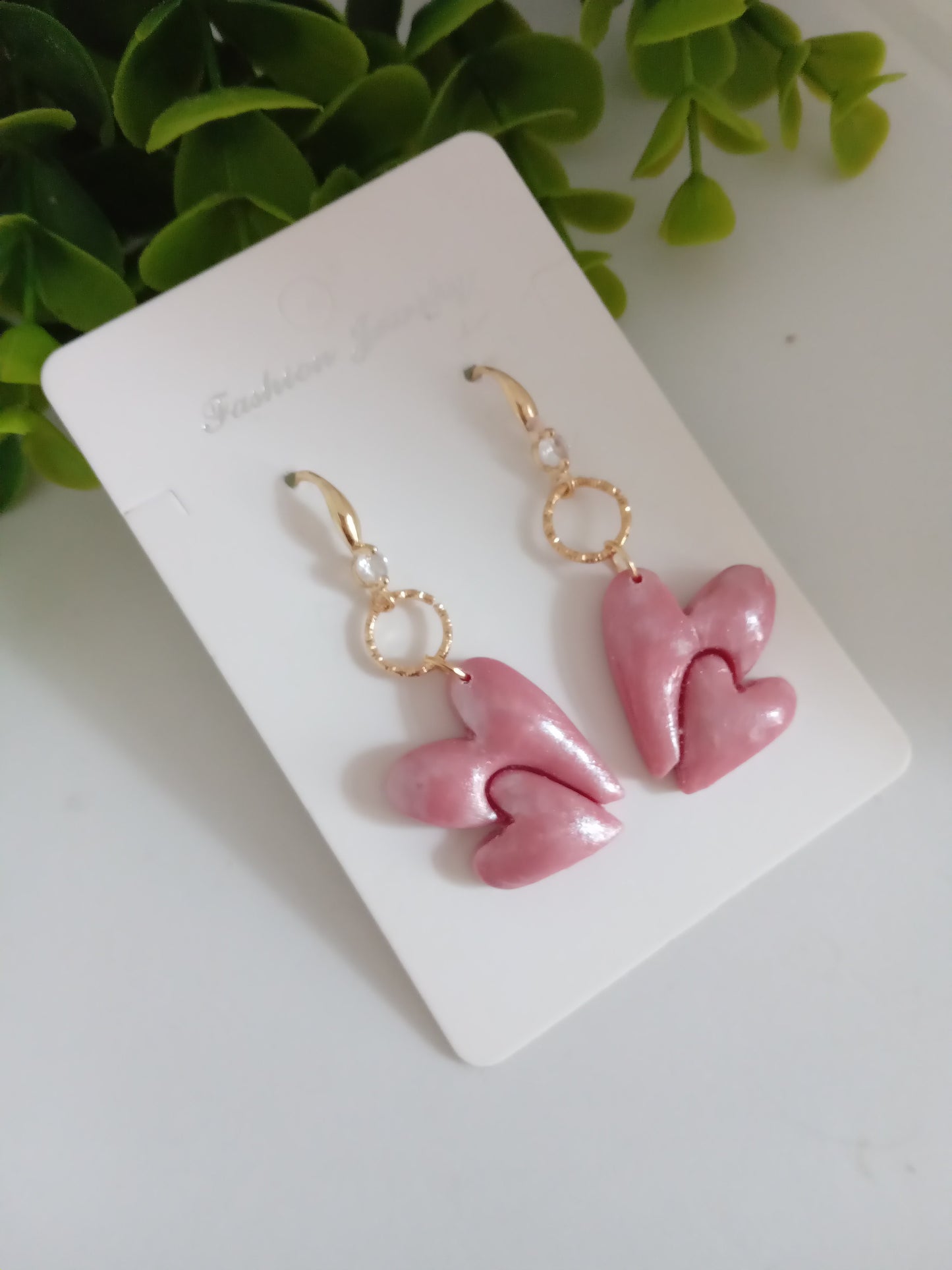 Handmade Pink Heart Polymer Clay Earrings - Lightweight Romantic Dangle Jewelry for Women
