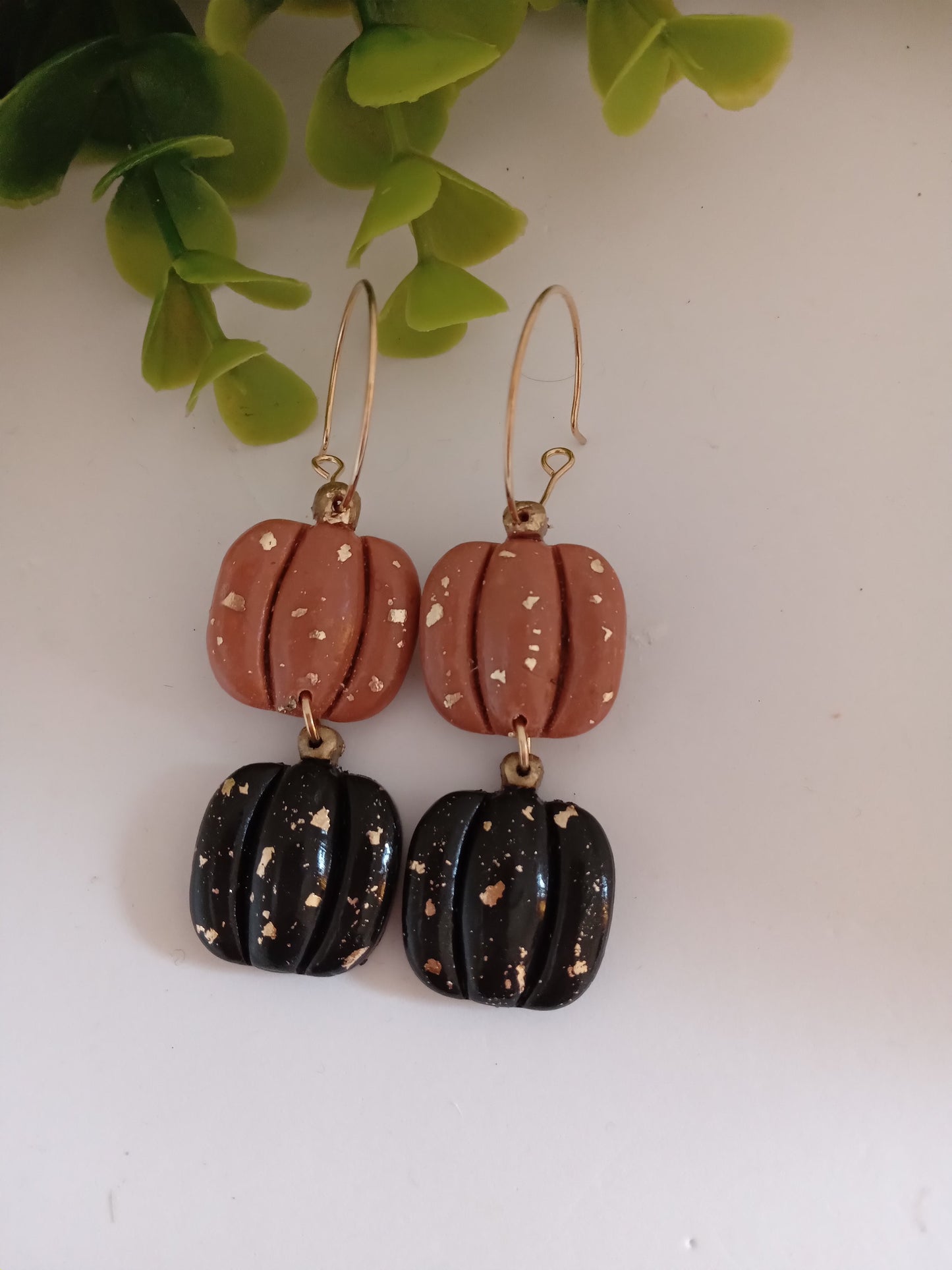 Handmade Pumpkin Earrings – Halloween Polymer Clay Dangle Earrings with Gold Foil | Black & Brown Fall Jewelry