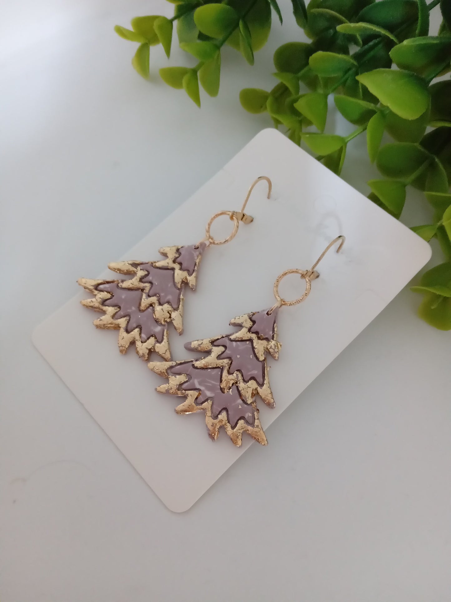 Bold Christmas Tree Polymer Clay Earrings with Gold Foil - Handmade Holiday Jewelry for Women