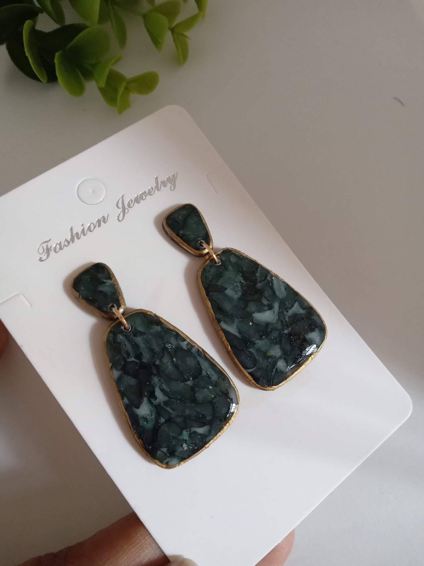 Handmade Dark Green Stone Diamond Drops Earrings - Lightweight Statement Earrings
