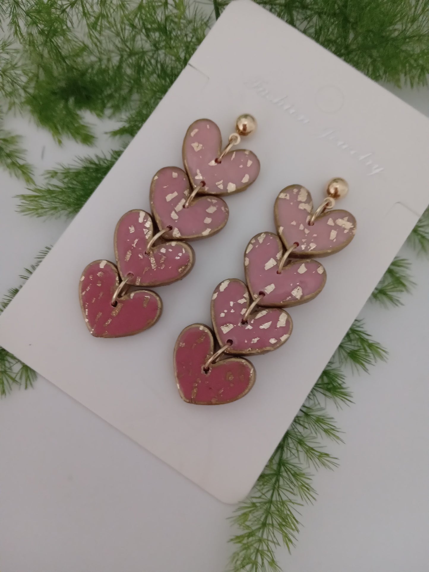 Handmade Pink Heart Drop Earrings with Gold Leaf- Romantic Statement Jewelry for Women