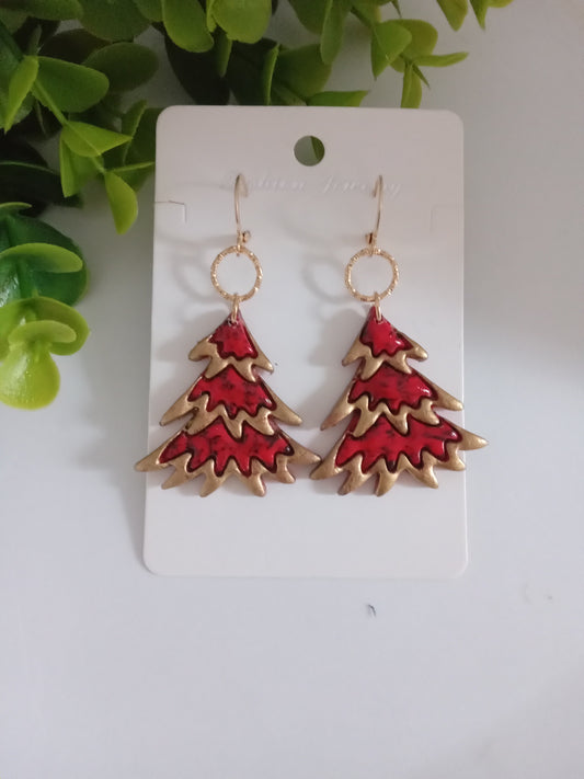Bold Christmas Tree Earrings with Gold Foil- Handmade Holiday Jewelry for Women
