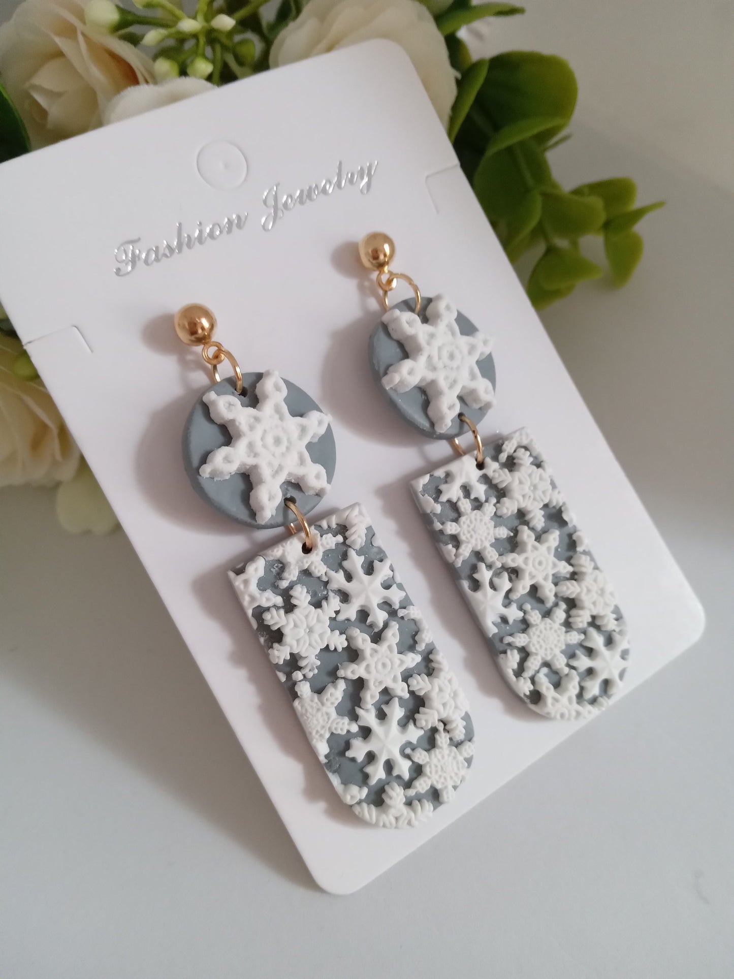 Snowflake Earrings- Winter Polymer Clay Drop Earrings/Handmade Holiday Jewelry