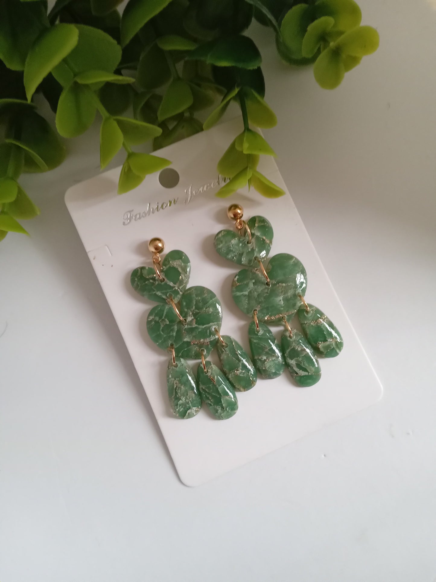 Green Marble Statement Dangle Earrings – Handmade Lightweight Drop Earrings for Women, Elegant Boho Jewelry Gift