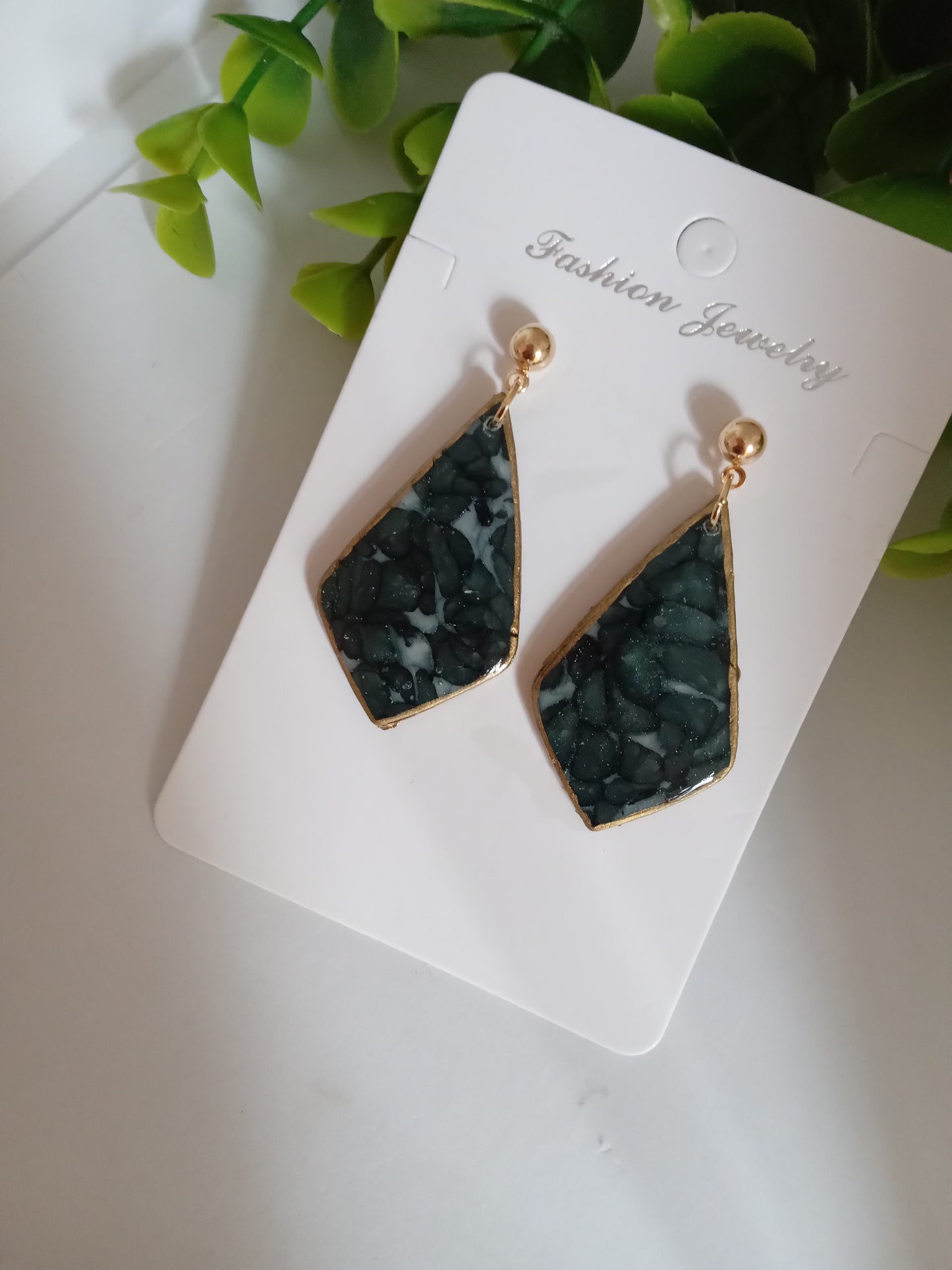 Handmade Dark Green Stone Diamond Drops Earrings - Lightweight Statement Earrings