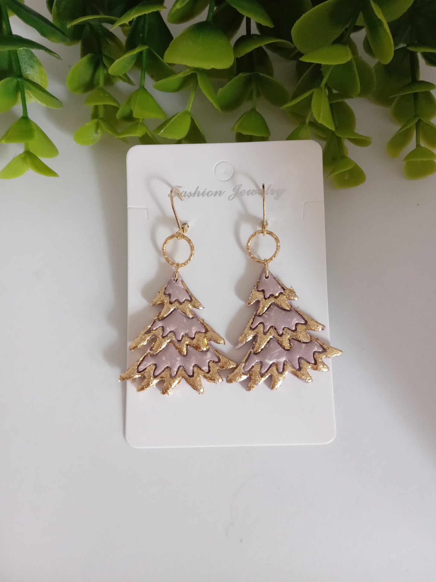 Bold Christmas Tree Polymer Clay Earrings with Gold Foil - Handmade Holiday Jewelry for Women