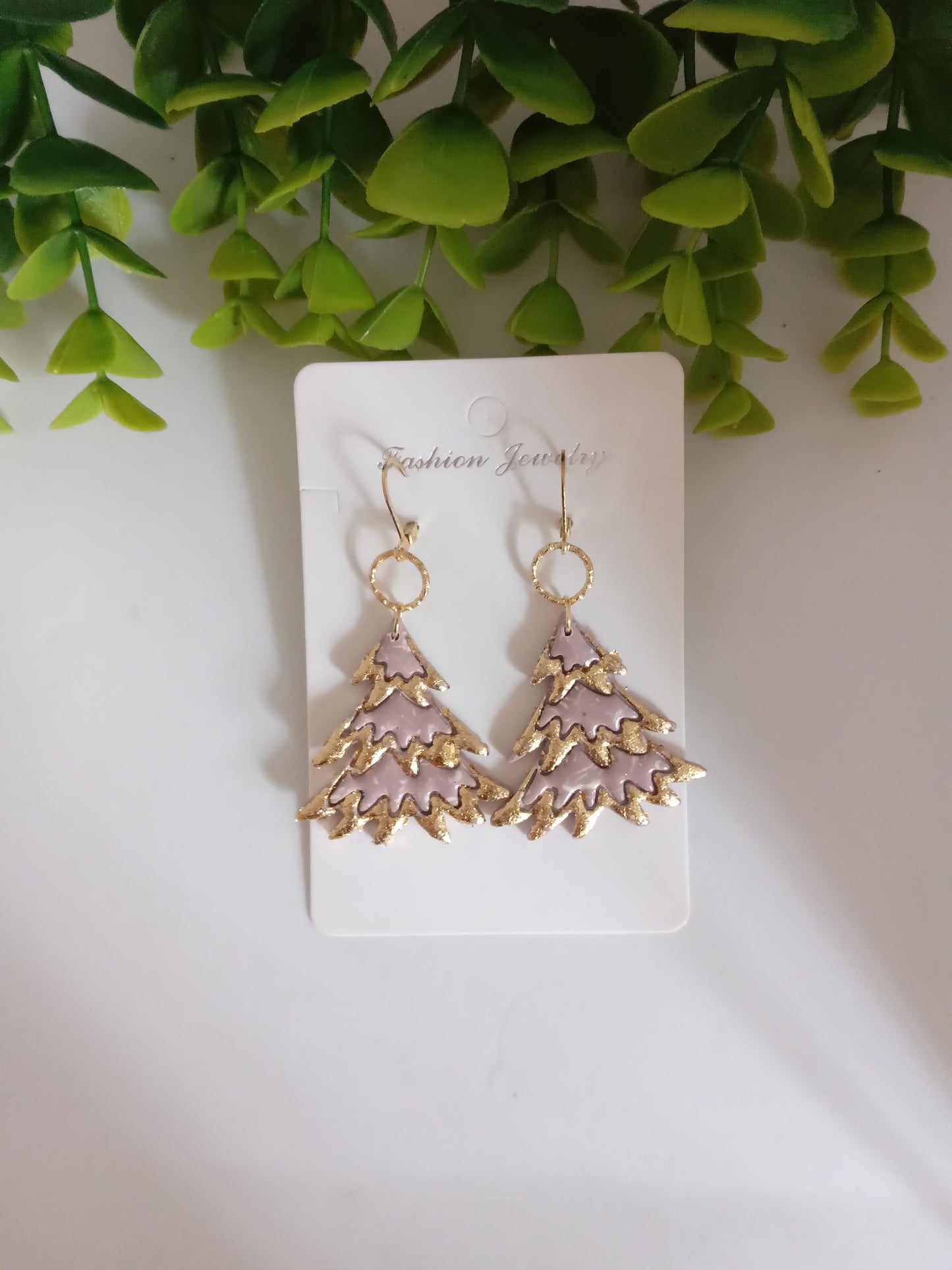 Bold Christmas Tree Polymer Clay Earrings with Gold Foil - Handmade Holiday Jewelry for Women