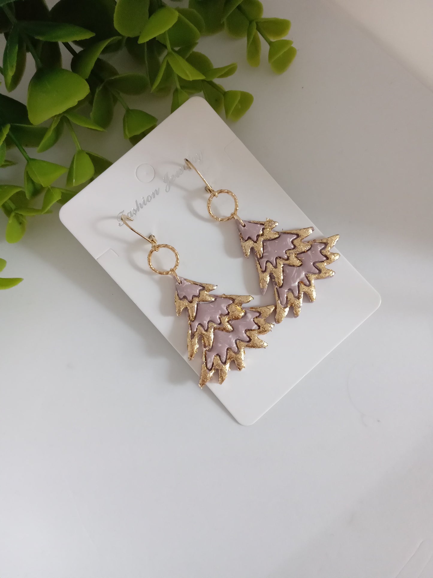 Bold Christmas Tree Polymer Clay Earrings with Gold Foil - Handmade Holiday Jewelry for Women