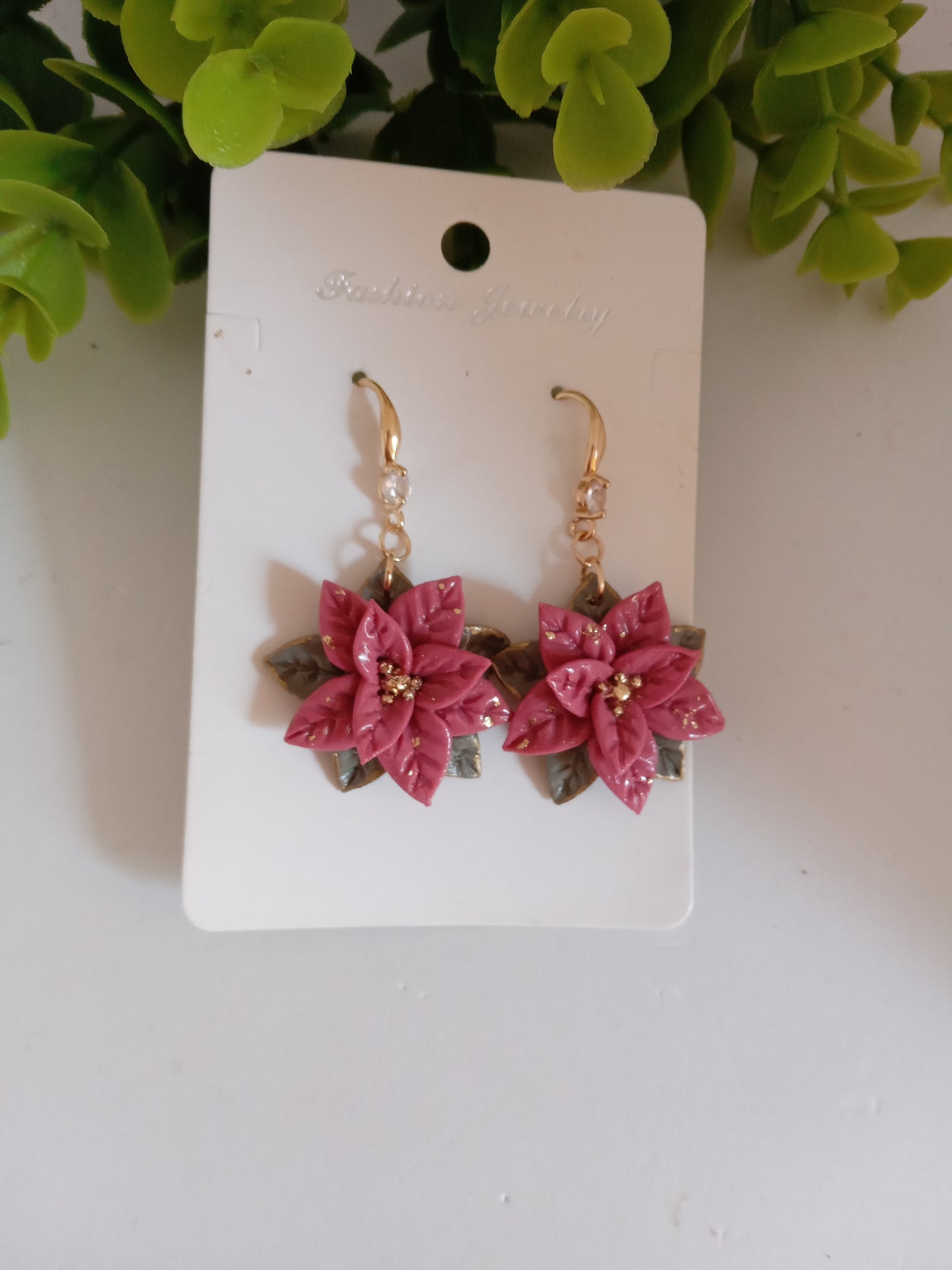 Christmas pink Poinsettia Flower Earrings – Handmade Holiday Dangle Earrings, Festive Floral Jewelry Gift for Women